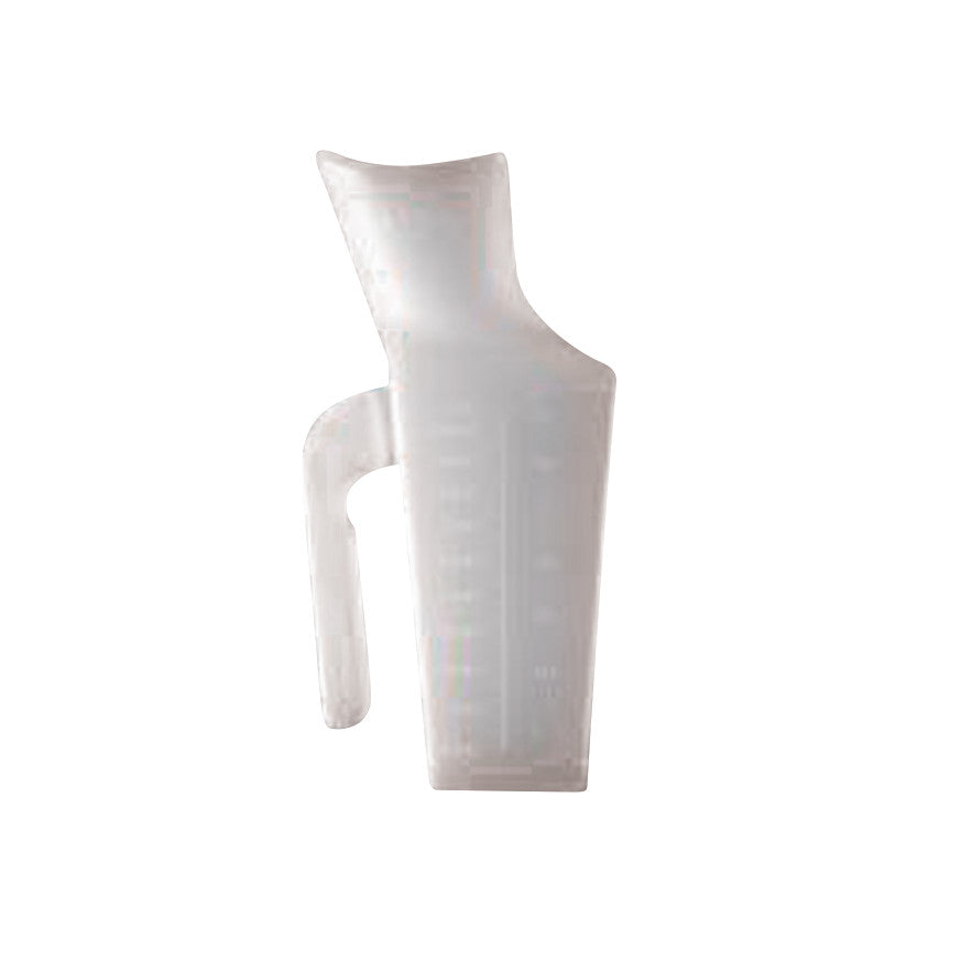 A white Carex Urinal designed with a handle and contoured spout, suitable for measuring or collecting liquids.