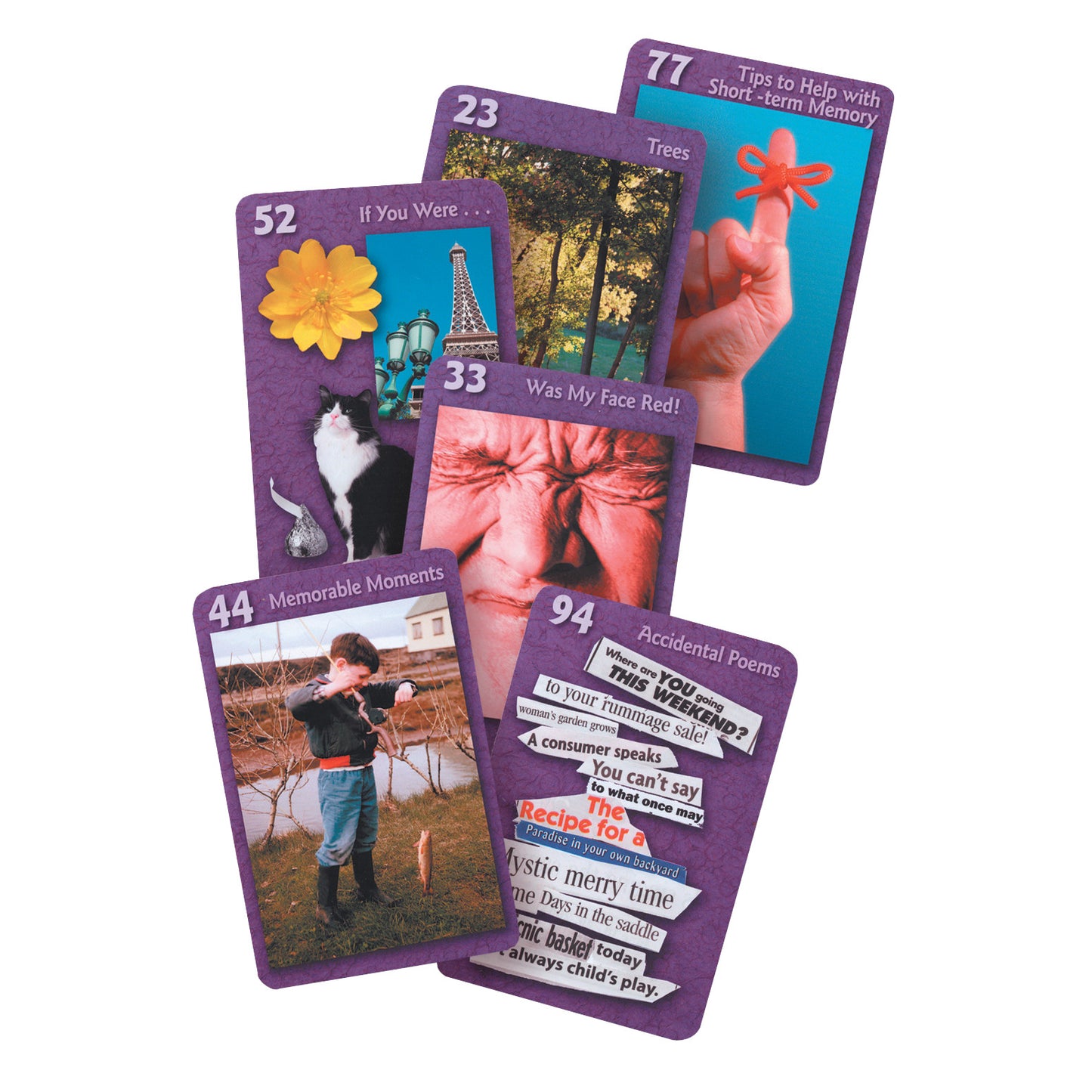 Several Thinking Cards with various themes, such as memory tips, trees, and memorable moments, spread out on a white surface.