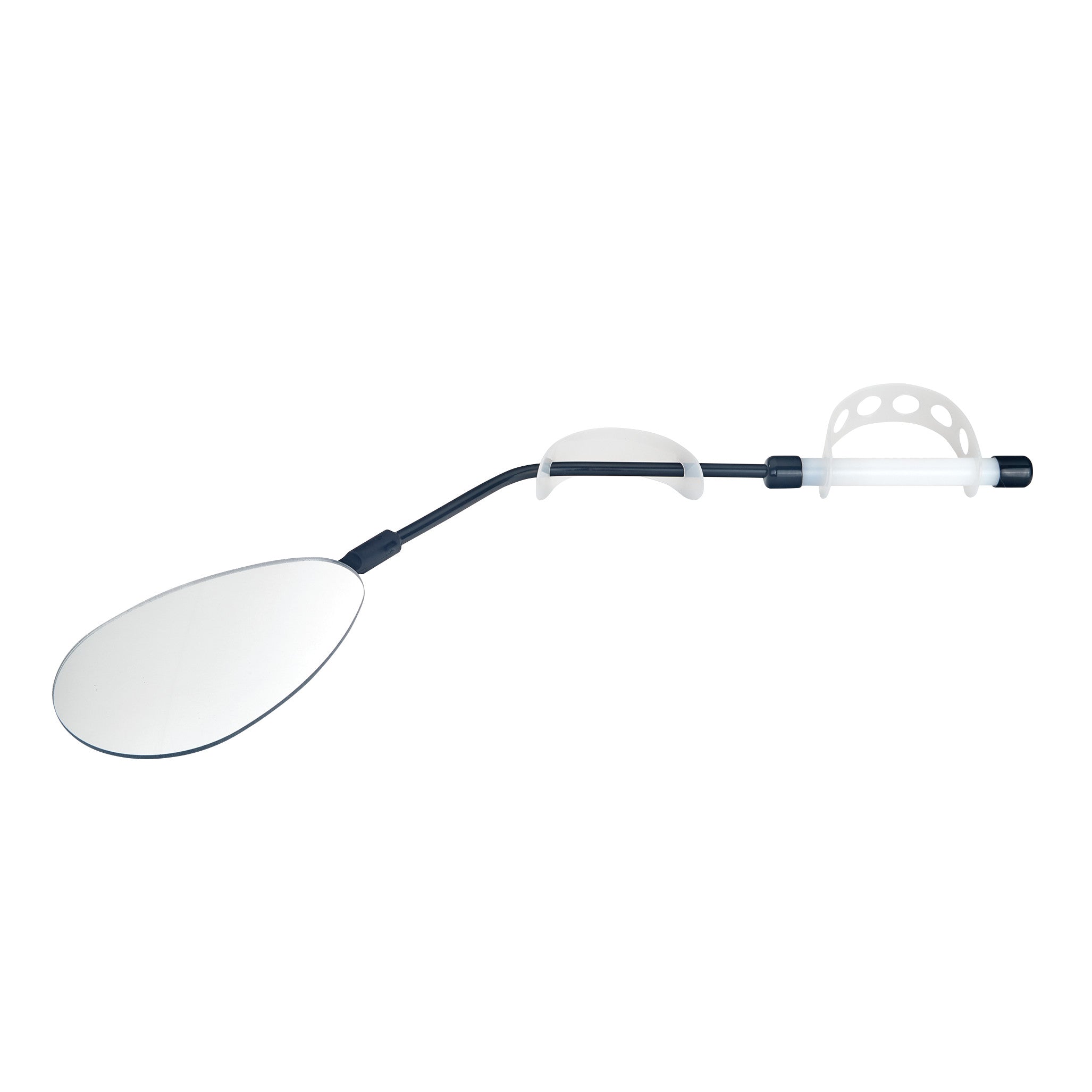 The Therafin Skin Inspection Mirror is an elongated inspection tool with an oval mirror, bendable shaft, and adjustable handle attachments.