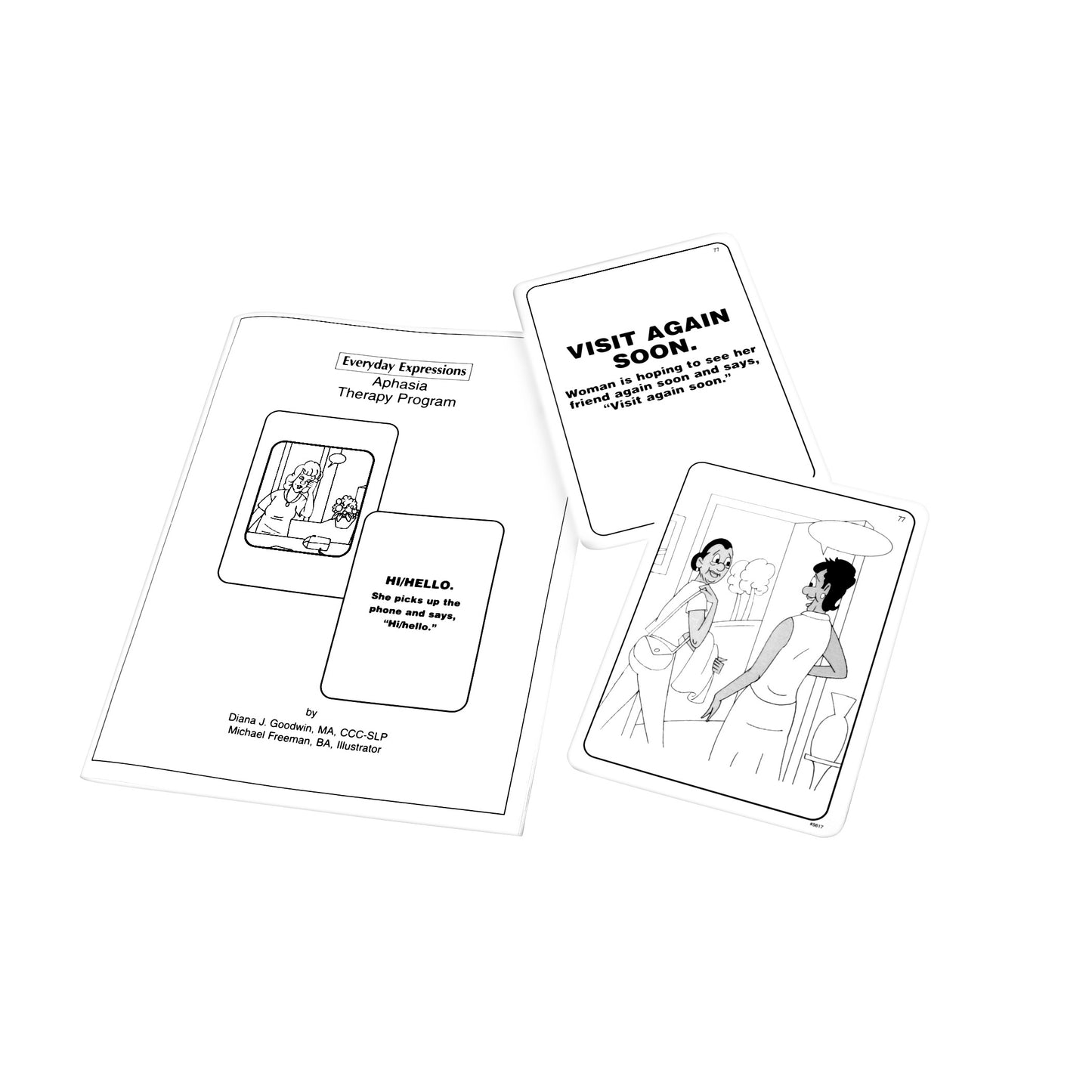AliMed Everyday Expressions: Aphasia Therapy Program materials with illustrations and text for therapy exercises are displayed.