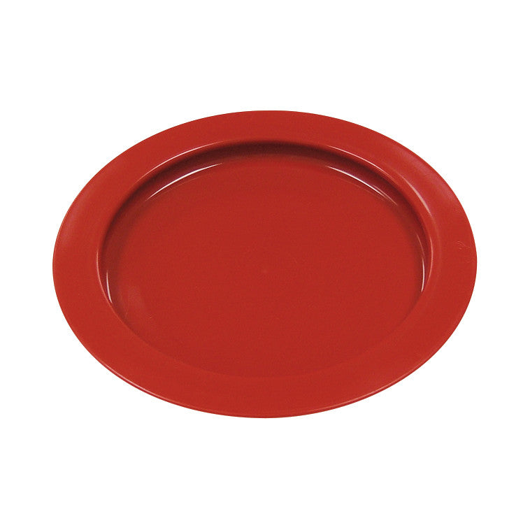 A red plastic plate with a raised inner lip, designed to prevent spills, known as the Redware Inner Lip Plate.