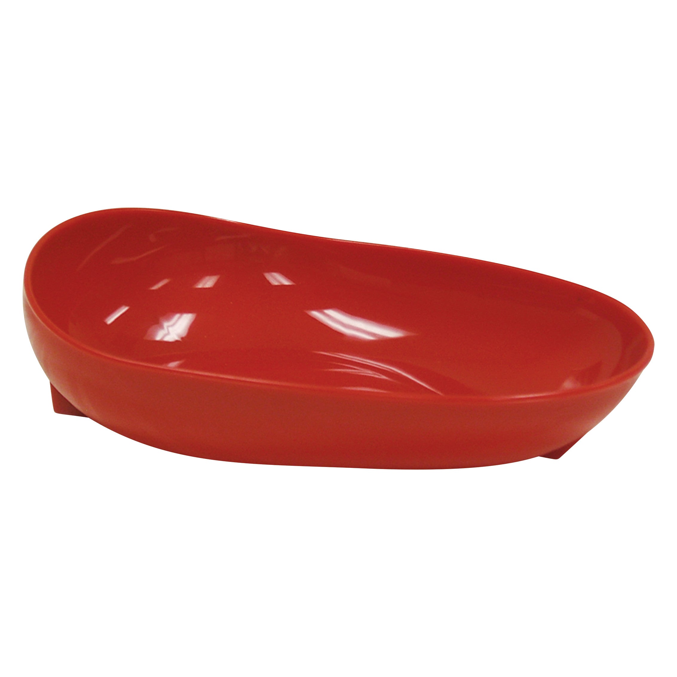 Redware Skidtrol Scooper Dish, bright red, oval-shaped with a sloped edge designed to assist in scooping food.