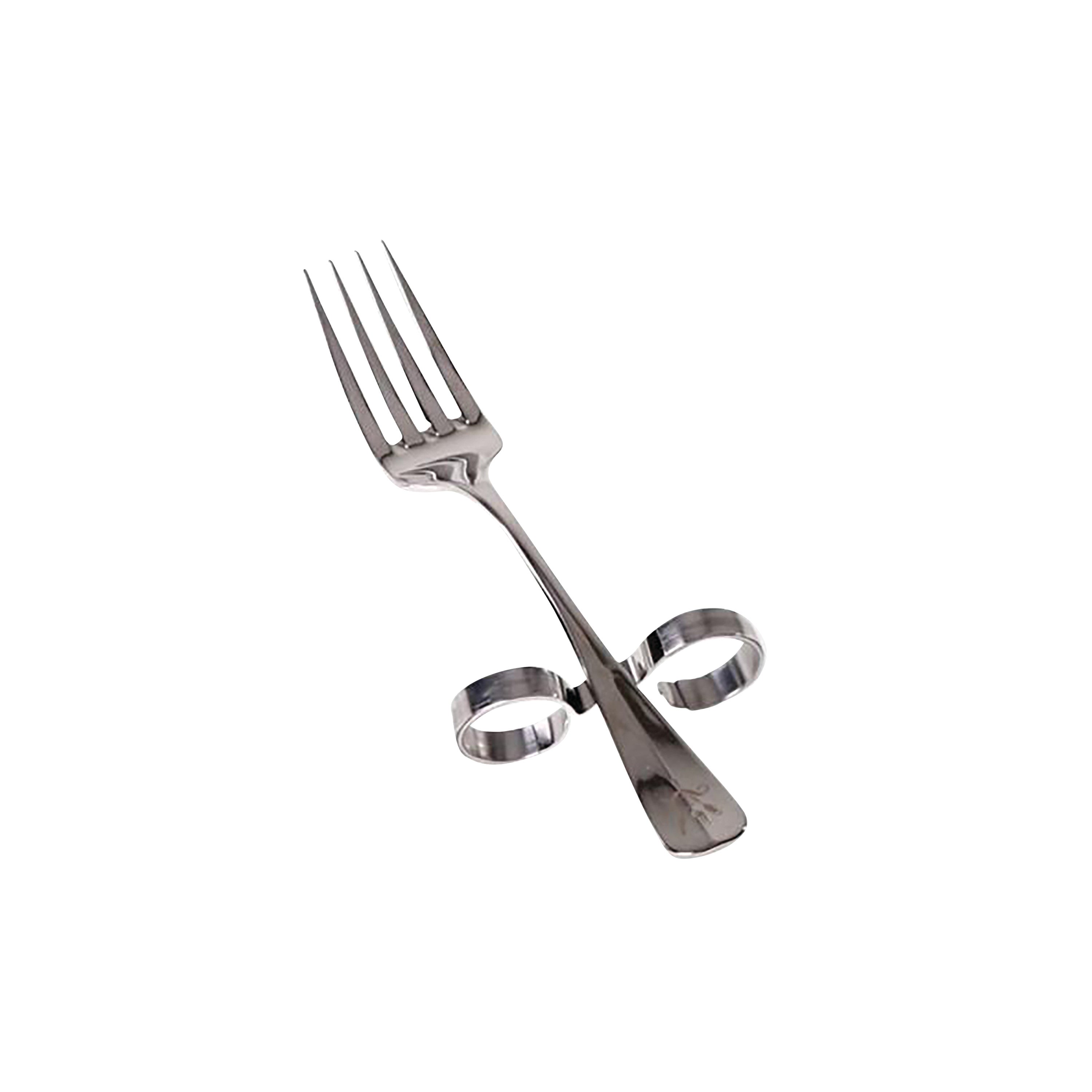 A Dining with Dignity Flatware fork designed with finger loops for an easier grip, featuring a shiny, silver finish.