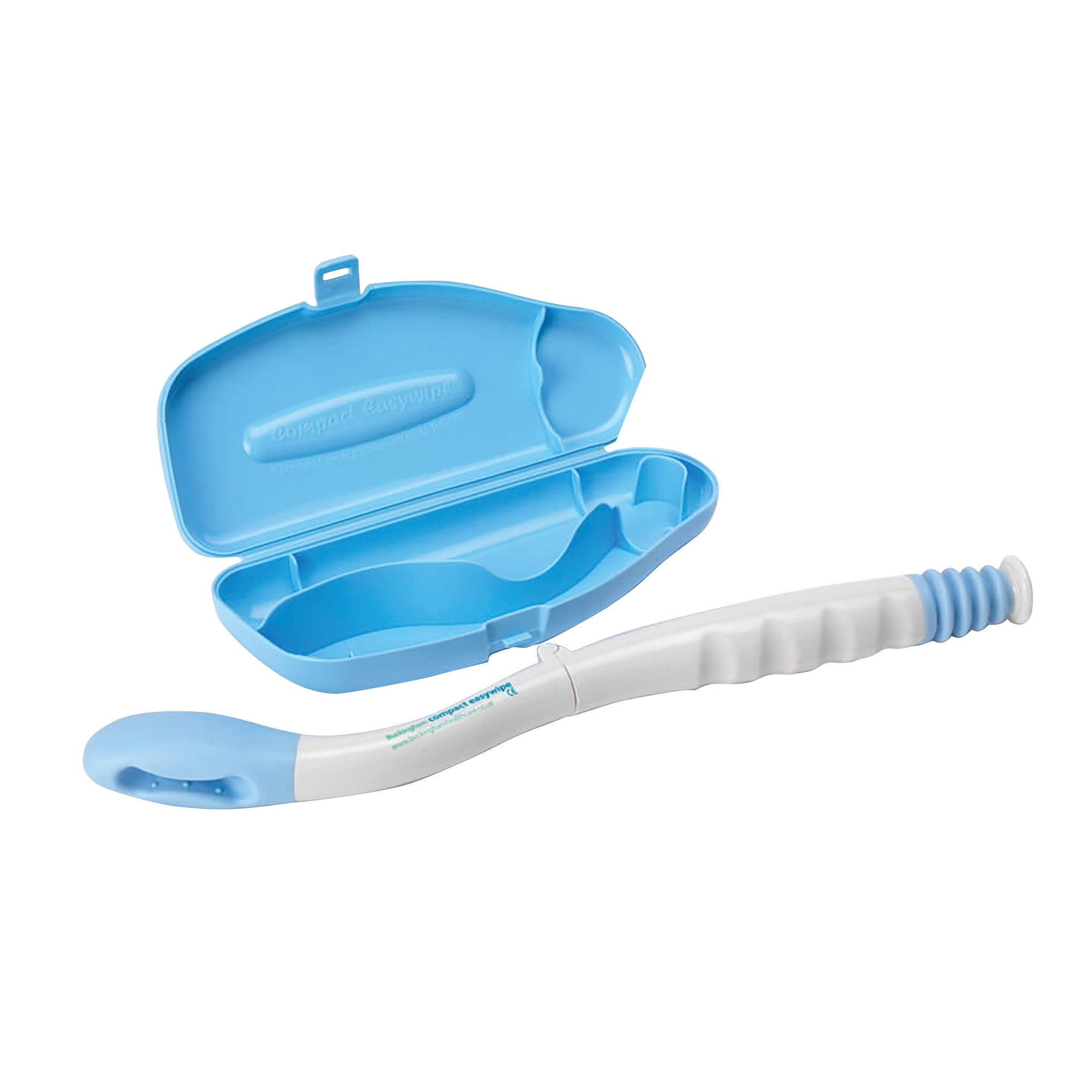 The Buckingham Easywipe Bottom Wiper is shown with a blue carrying case, featuring an ergonomic handle and elongated curve.