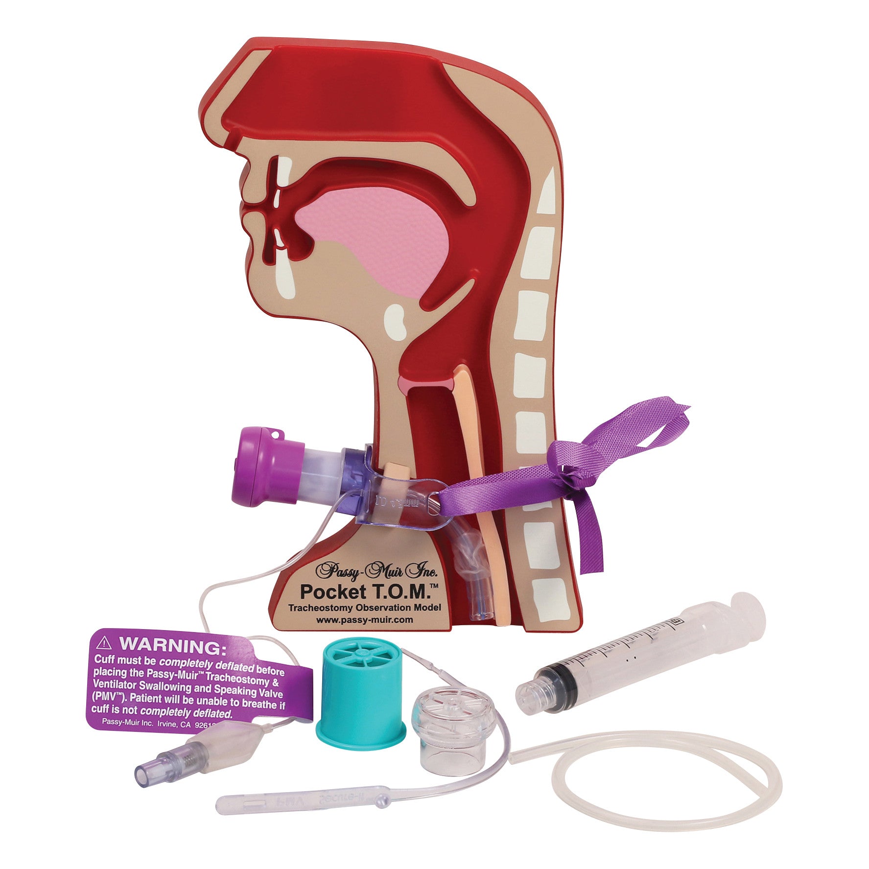 Side view of the Passy Muir Pocket Tracheostomy T.O.M. model with tracheostomy tube and accessories like a syringe and valve.