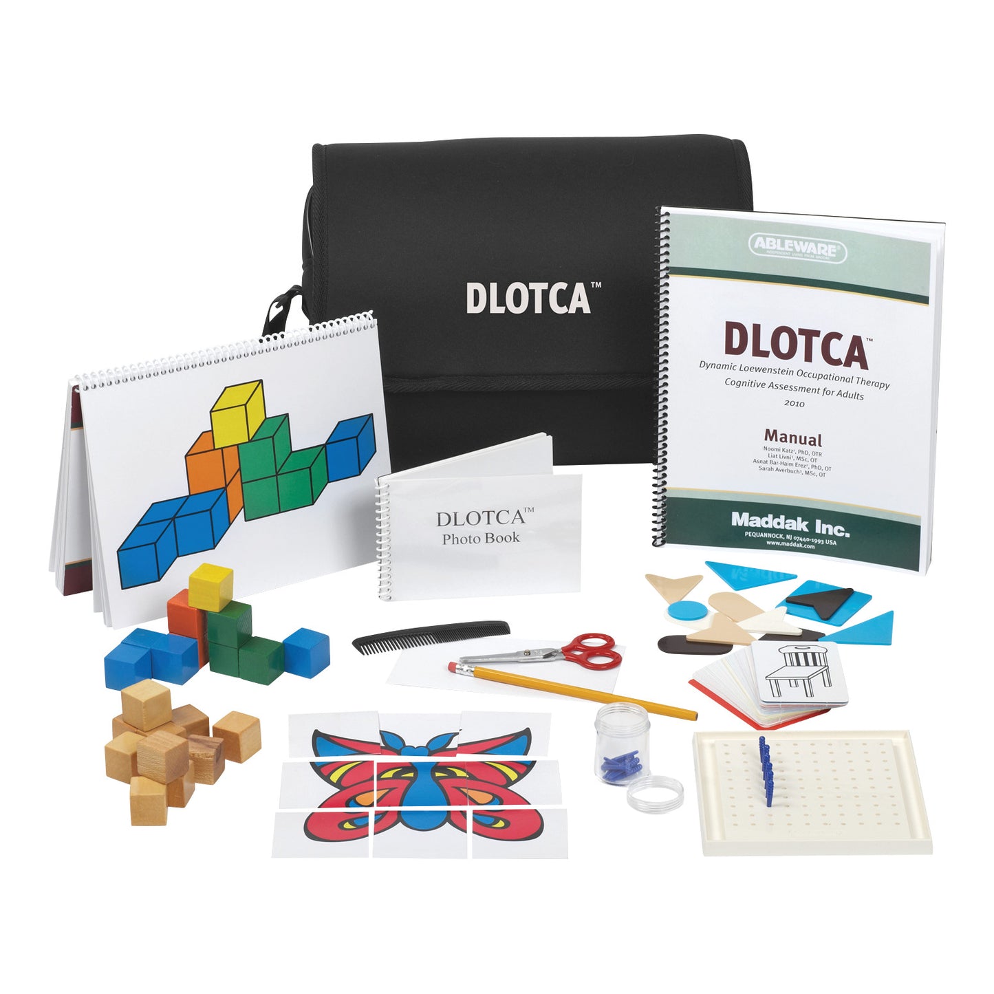 Dynamic Lowenstein Occupational Therapy Cognitive Assessment for Adults (DLOTCA) kit with cubes, books, scissors, and other tools.