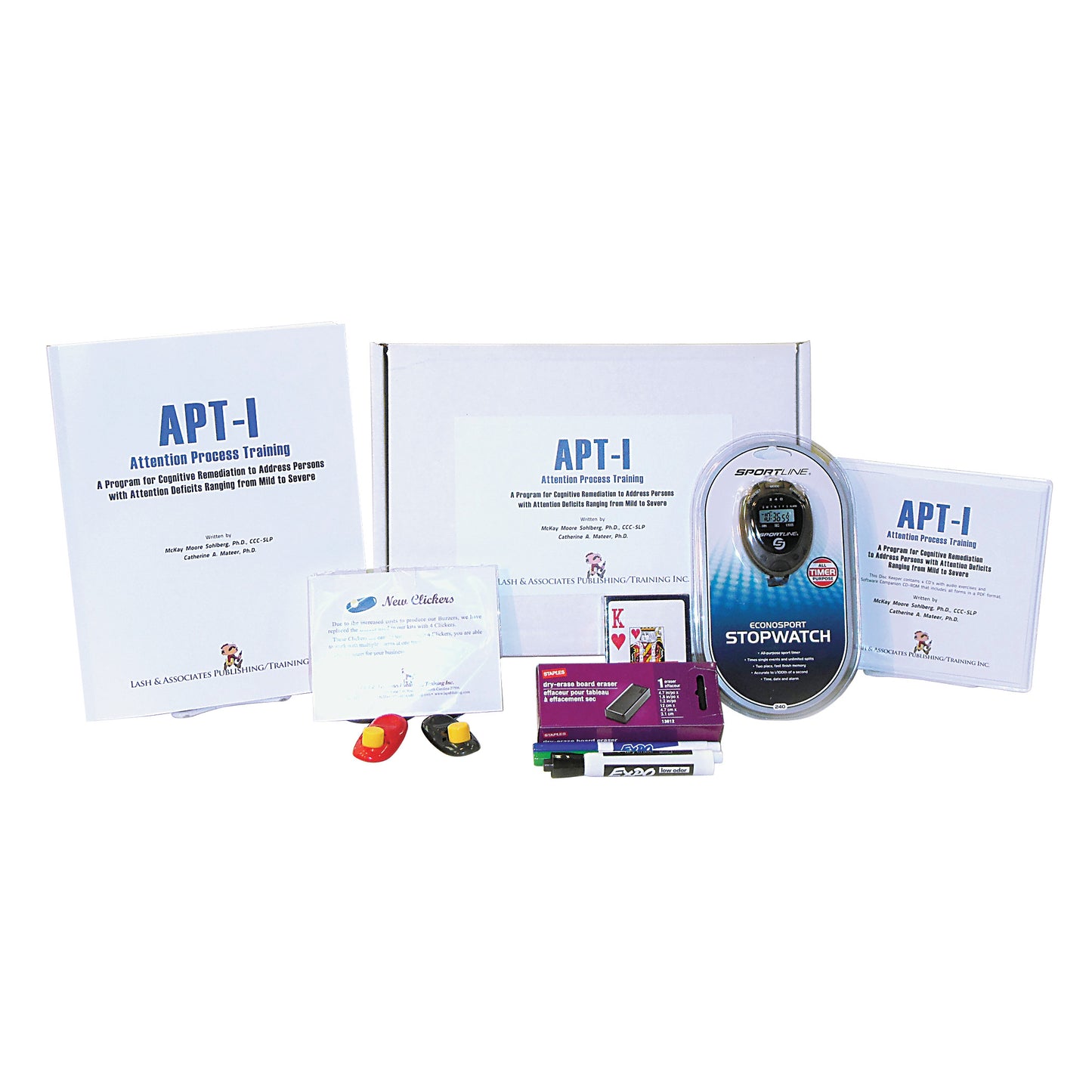 Attention Process Training I (APT-I) kit includes binders, a stopwatch, markers, playing cards, and small red and yellow clickers.