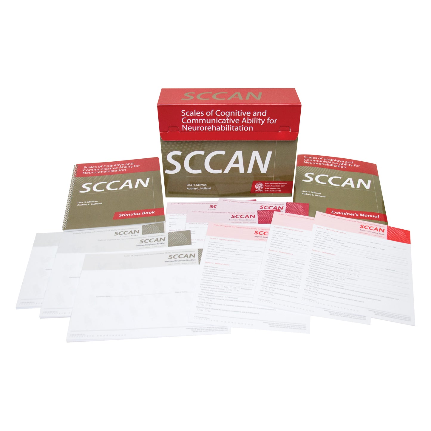 Scale of Cognitive and Communicative Ability for Neurorehabilitation (SCCAN) test kit displayed with various manuals and forms.