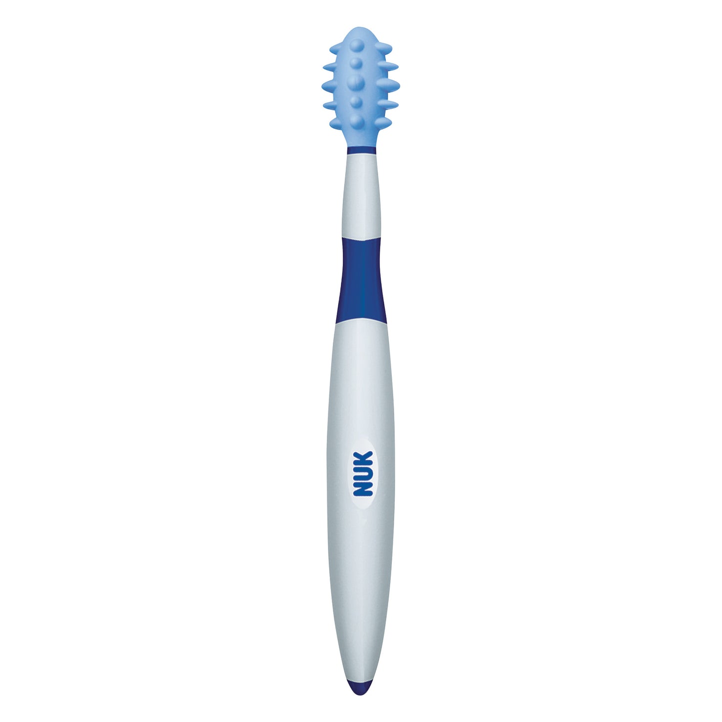 NUK Massager toothbrush with a white and blue handle and a textured light blue rubber head designed for dental care.