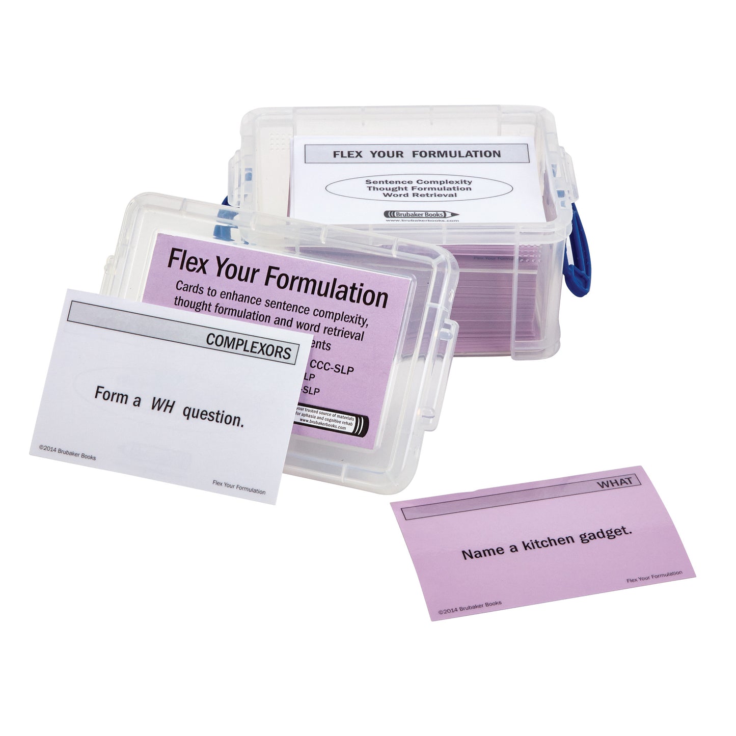 Flex Your Formulation Cards in a clear case enhance sentence complexity; visible cards prompt forming a WH question and naming a kitchen gadget.