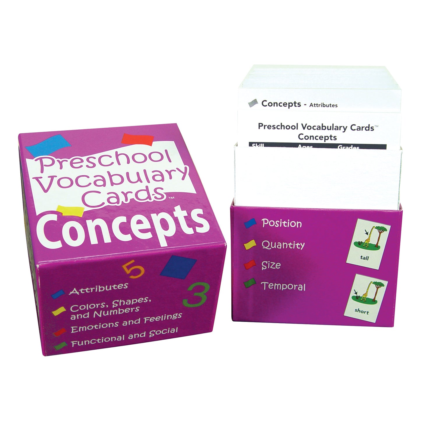 Preschool Vocabulary Cards Concepts in a purple box with cards featuring categories like position, quantity, size, and temporal concepts.