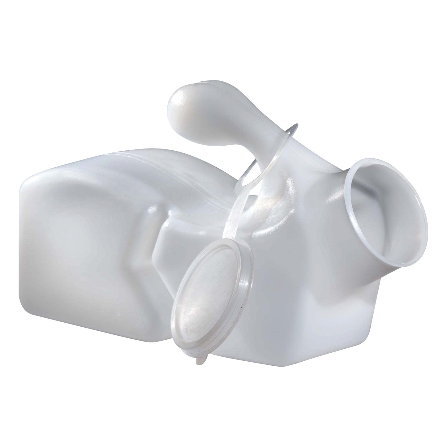 Anti-Splash Baffle Urinal for Males is a translucent plastic urinal with a handle and lid, designed to prevent splashing.