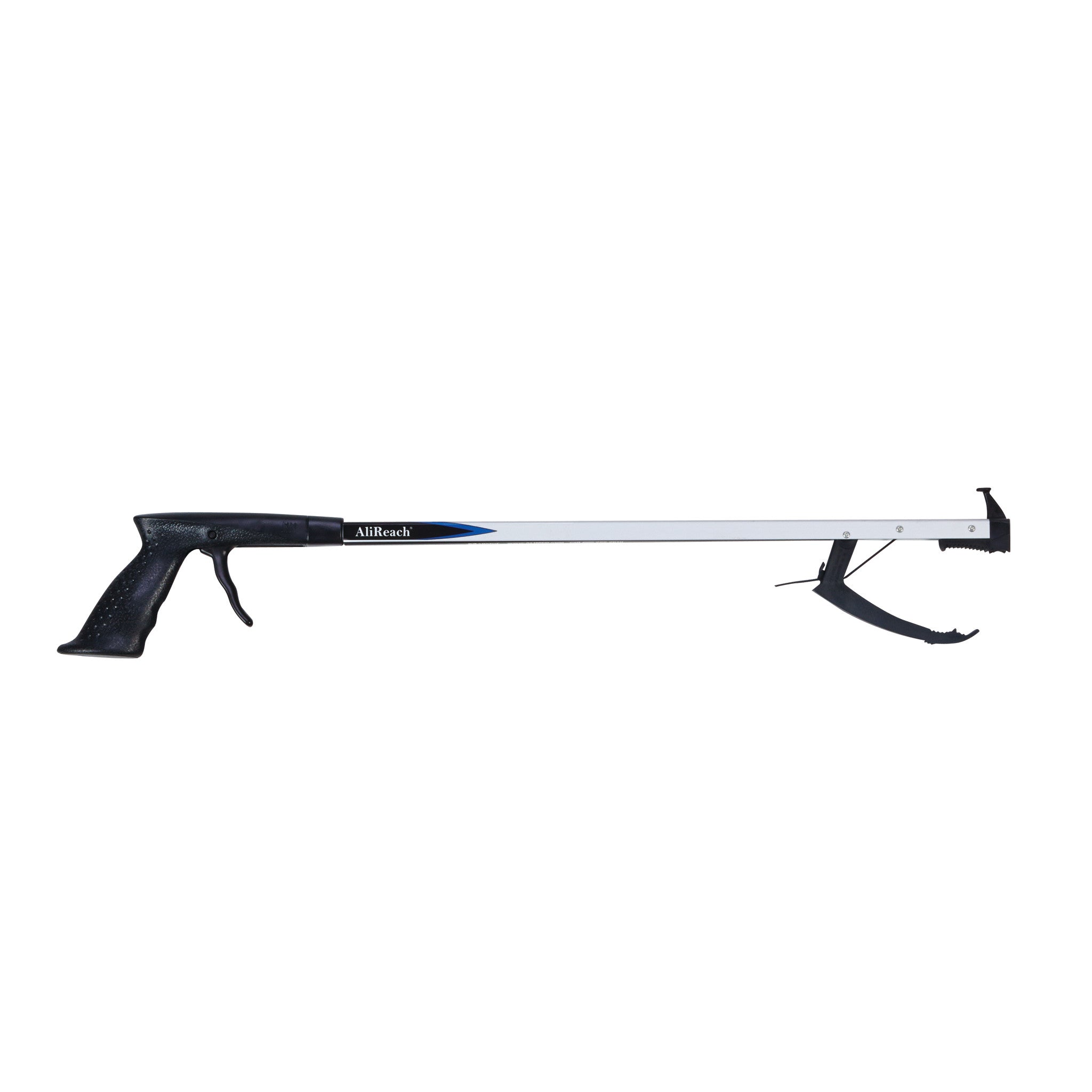 AliMed AliReach Standard Reacher with a black ergonomic handle and trigger, featuring a long arm and gripping claw.