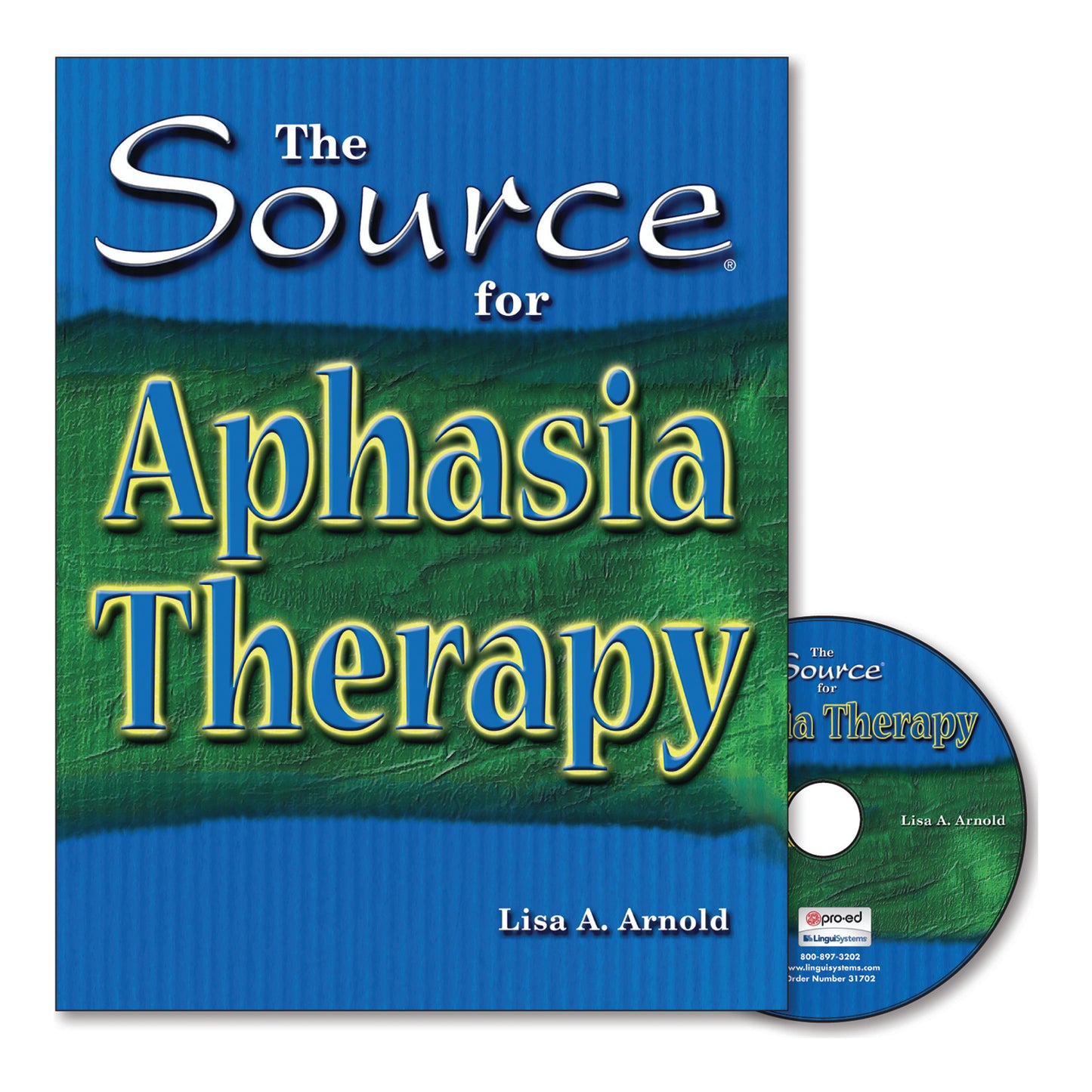 Book cover titled "The Source for Aphasia Therapy" by Lisa A. Arnold, featuring a CD partially visible at the bottom right.
