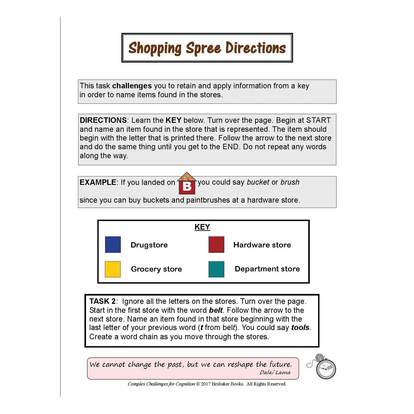 Shopping Spree Directions from Complex Challenges for Cognition includes tasks using a store key for a word game and a motivational quote.