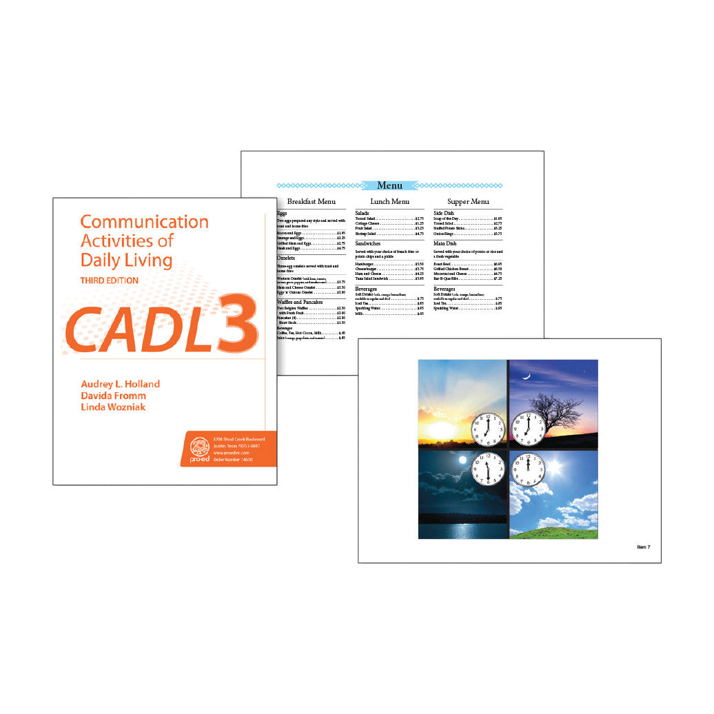 Communication Activities of Daily Living, 3rd Ed. (CADL-3) cover with sample pages illustrating a menu and day-night clock images.