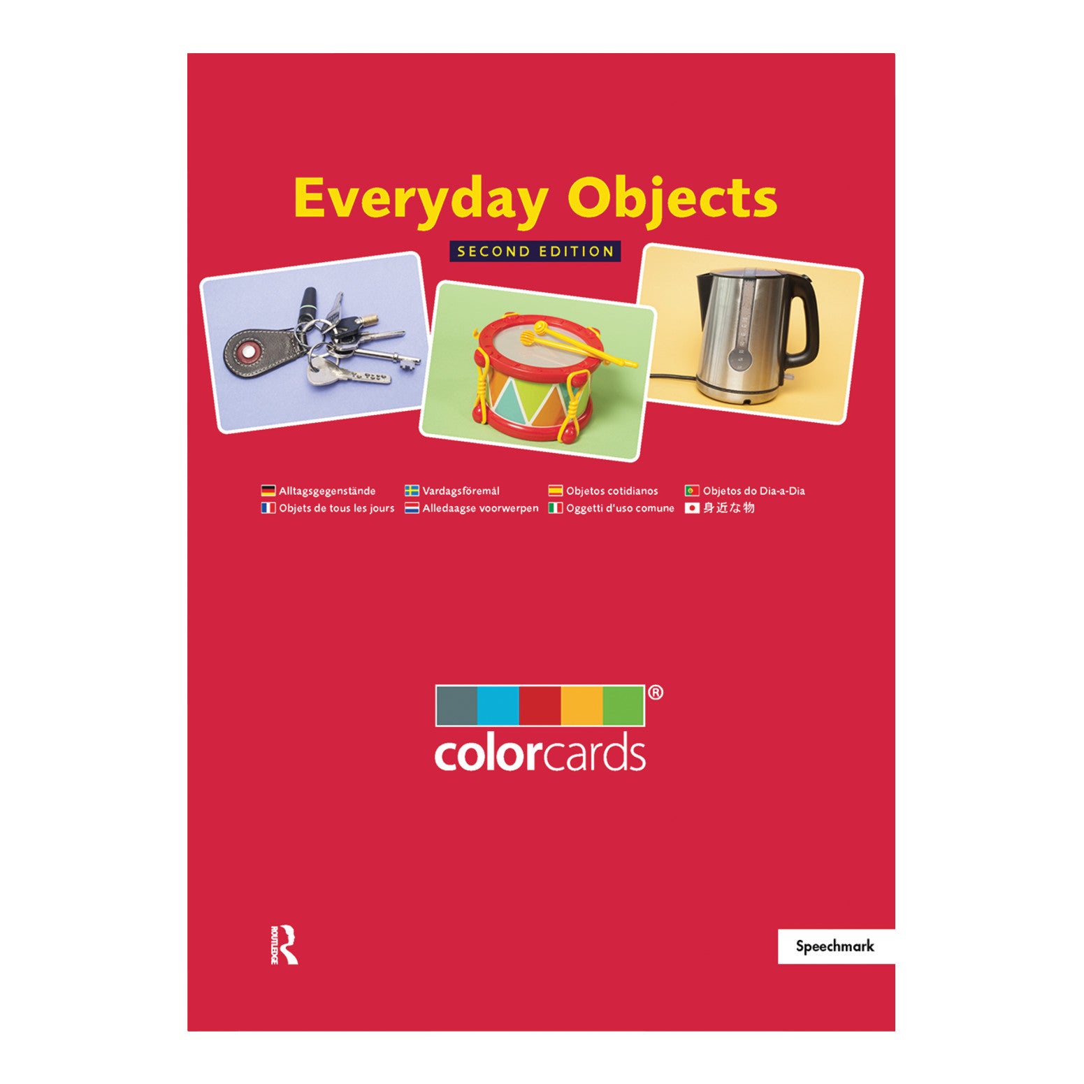 Cover of "Speechmark ColorCards Everyday Objects, 2nd Ed." featuring keys, a toy drum, and a kettle on a vibrant red background.