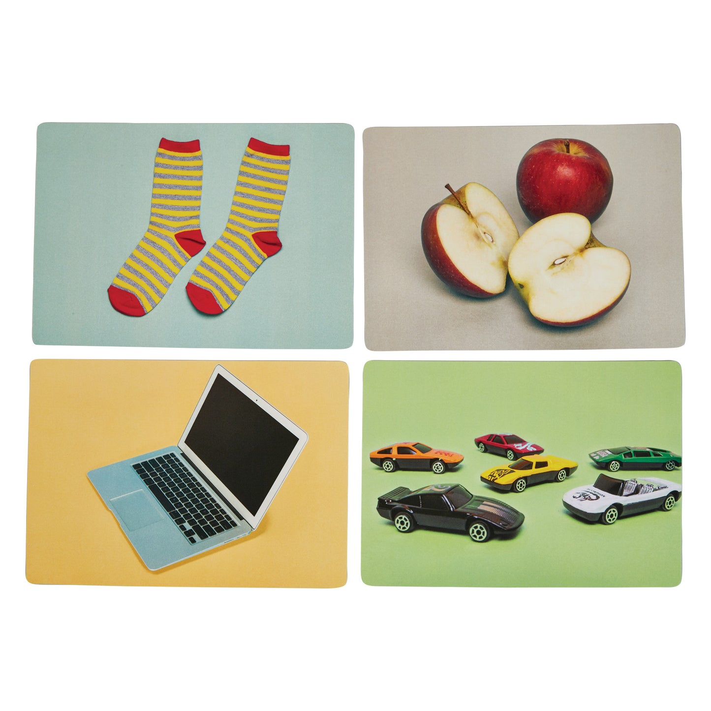 Speechmark ColorCards Everyday Objects, 2nd Ed. showing striped socks, an apple, a laptop, and toy cars on colorful backgrounds.