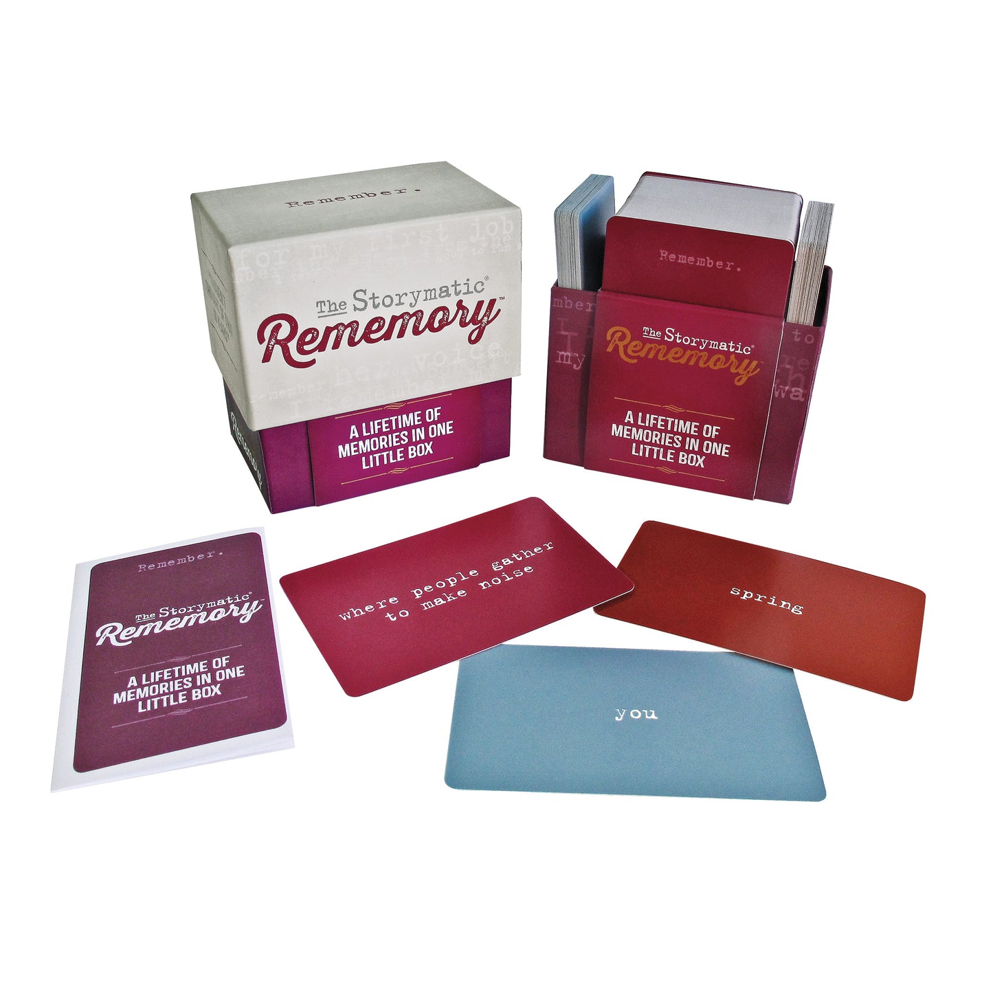 The Storymatic Rememory card set features prompts like "Where people gather to make noise" and includes cards laid out with the box.