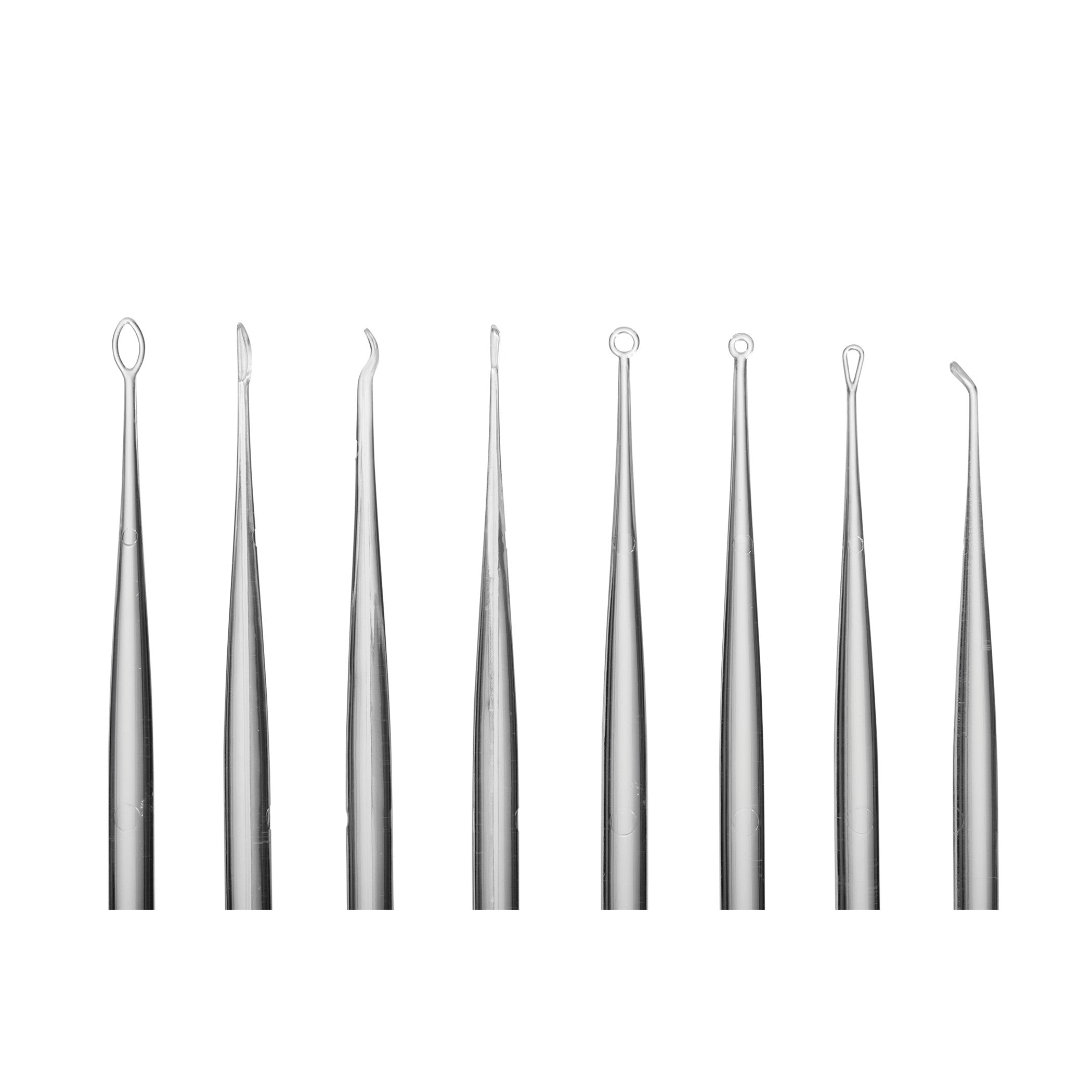 The Bionix Lighted Ear Curette Variety Pack features eight stainless steel ear curettes with various loop and scoop designs.