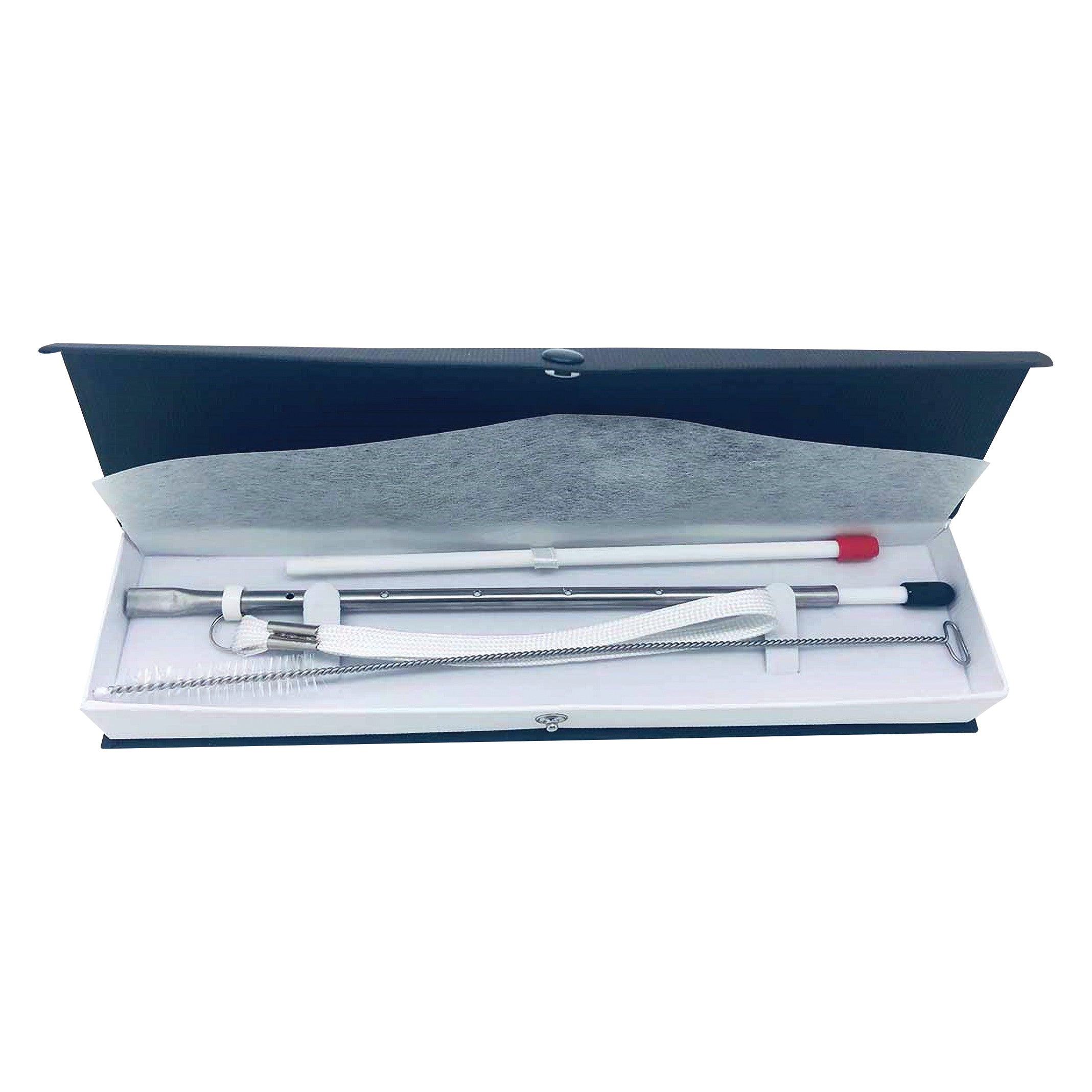 TheraSIP VocalSTRAW kit with a metal straw, cleaning brush, and accessories in a lined case with foam padding and snap closure.