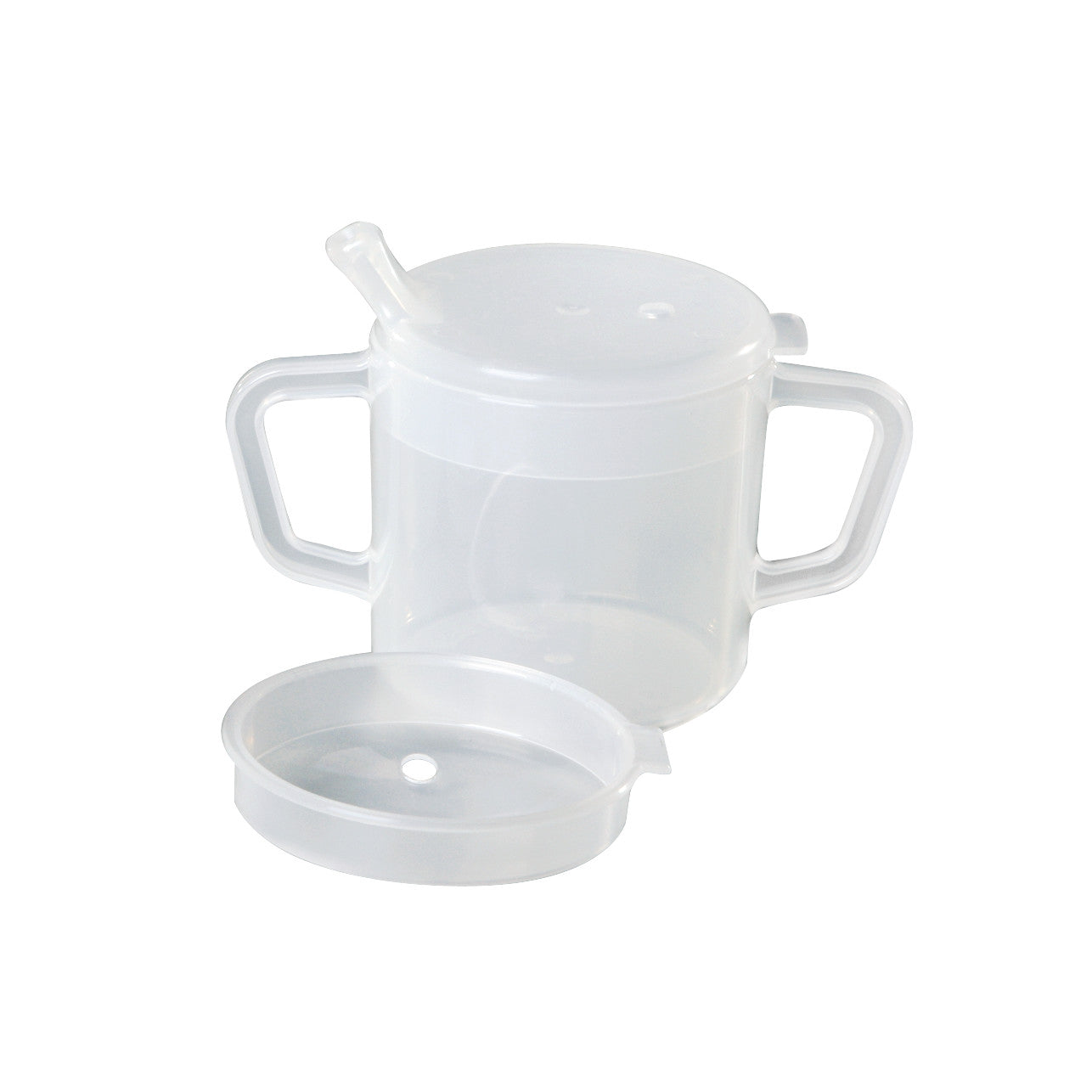 Clear Two-Handled Adaptive Mug with Lid featuring two handles, a lid with a spout, and an extra detachable lid on the side.