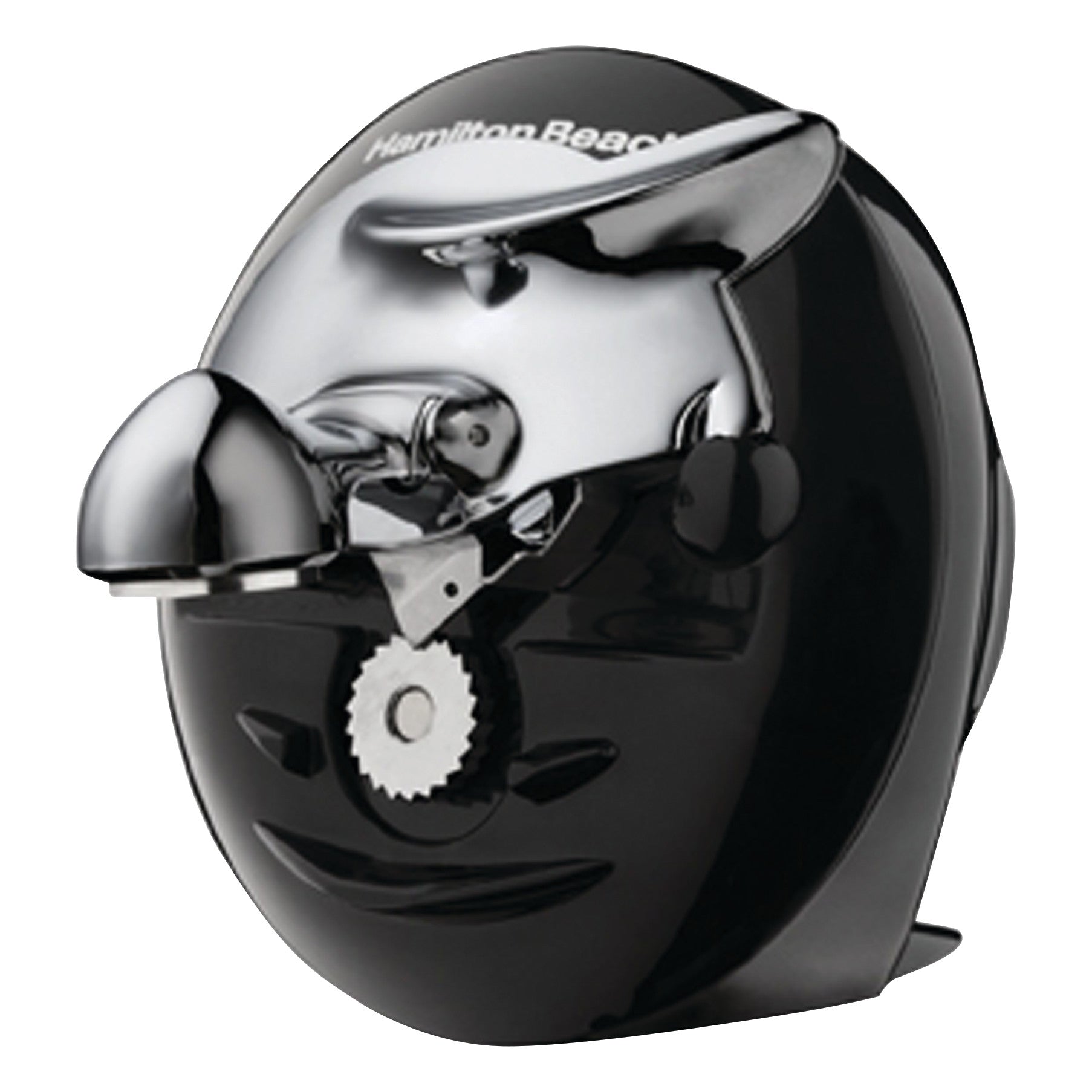 The Walk and Cut Cordless Can Opener is a sleek black and chrome device designed for easily opening cans without a cord.