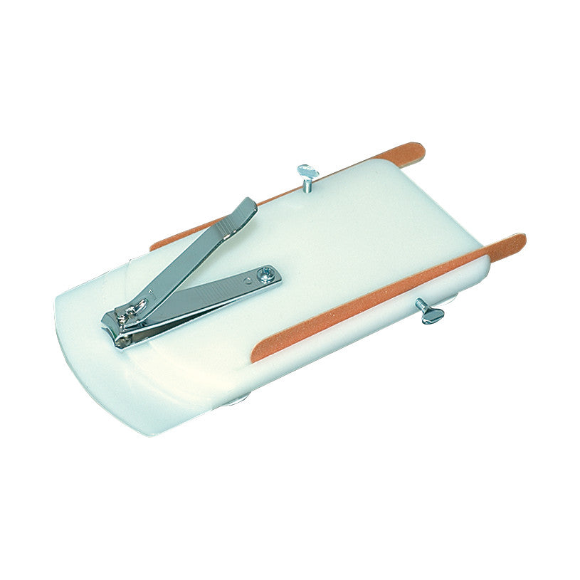 Therafin Suction Base Nail Care Center featuring a metal nail clipper attached to a white base with orange file strips and adjustment screws.
