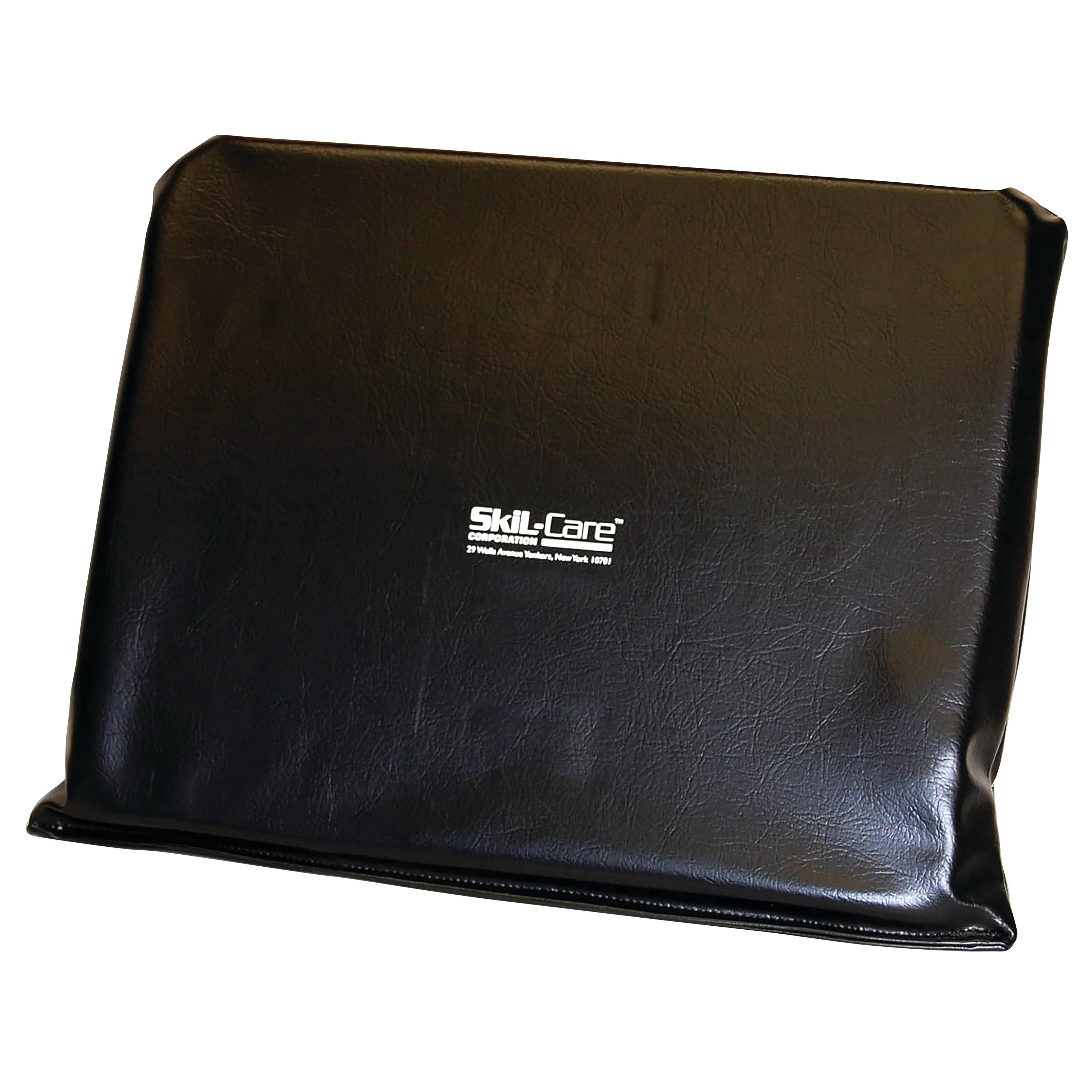 Black cushion with "SkiL-Care Wheelchair Leg Support" text. It is designed for wheelchair leg support.