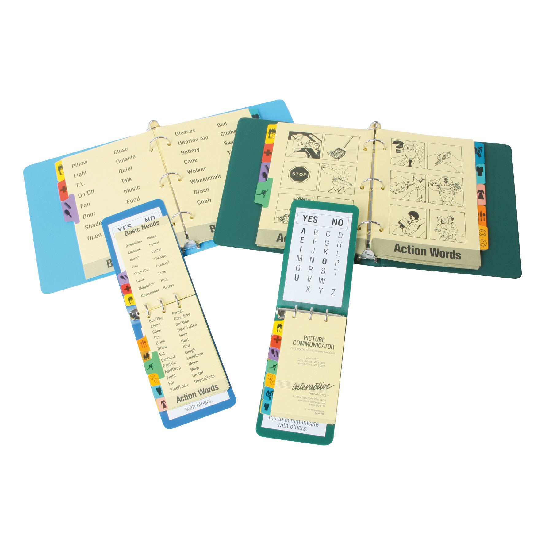 The image features AliMed Daily Communicator books open, showing illustrated action words and a letter board for communication.