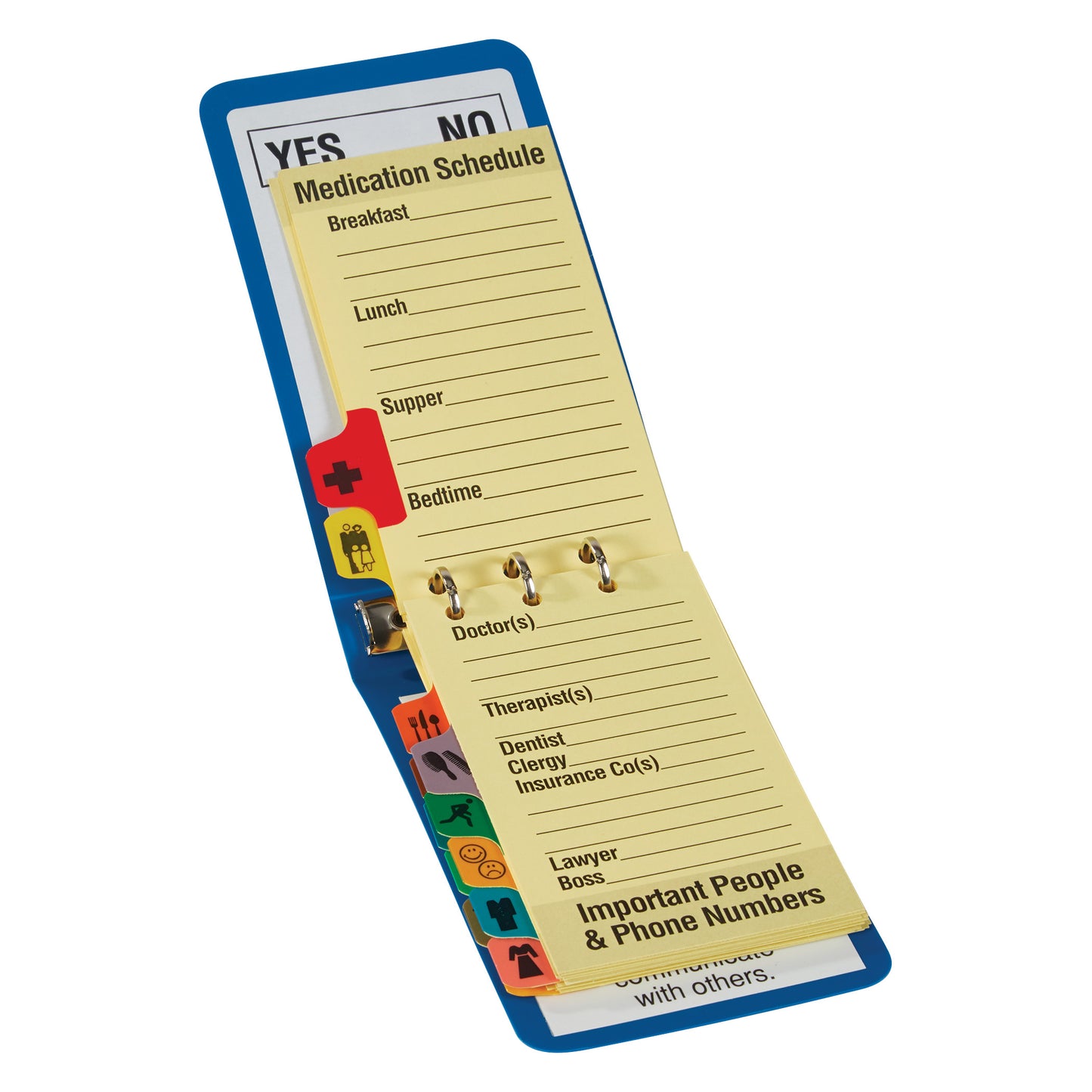 Image of the AliMed Daily Communicator, featuring a yellow medication schedule and contact list with icons.