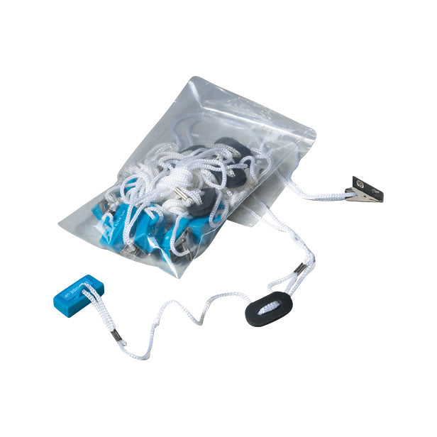 The SkiL-Care Magnetic Cord with Clip is shown in a clear plastic bag with white cord and blue magnetic clips visible.