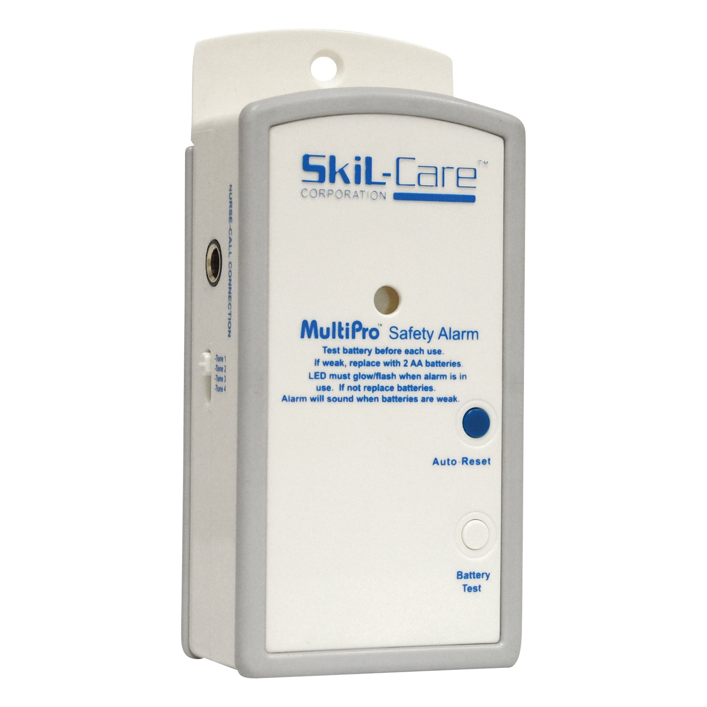 The SkiL-Care MultiPro Safety Alarm is a rectangular device with buttons for auto reset and battery test, used for monitoring safety.