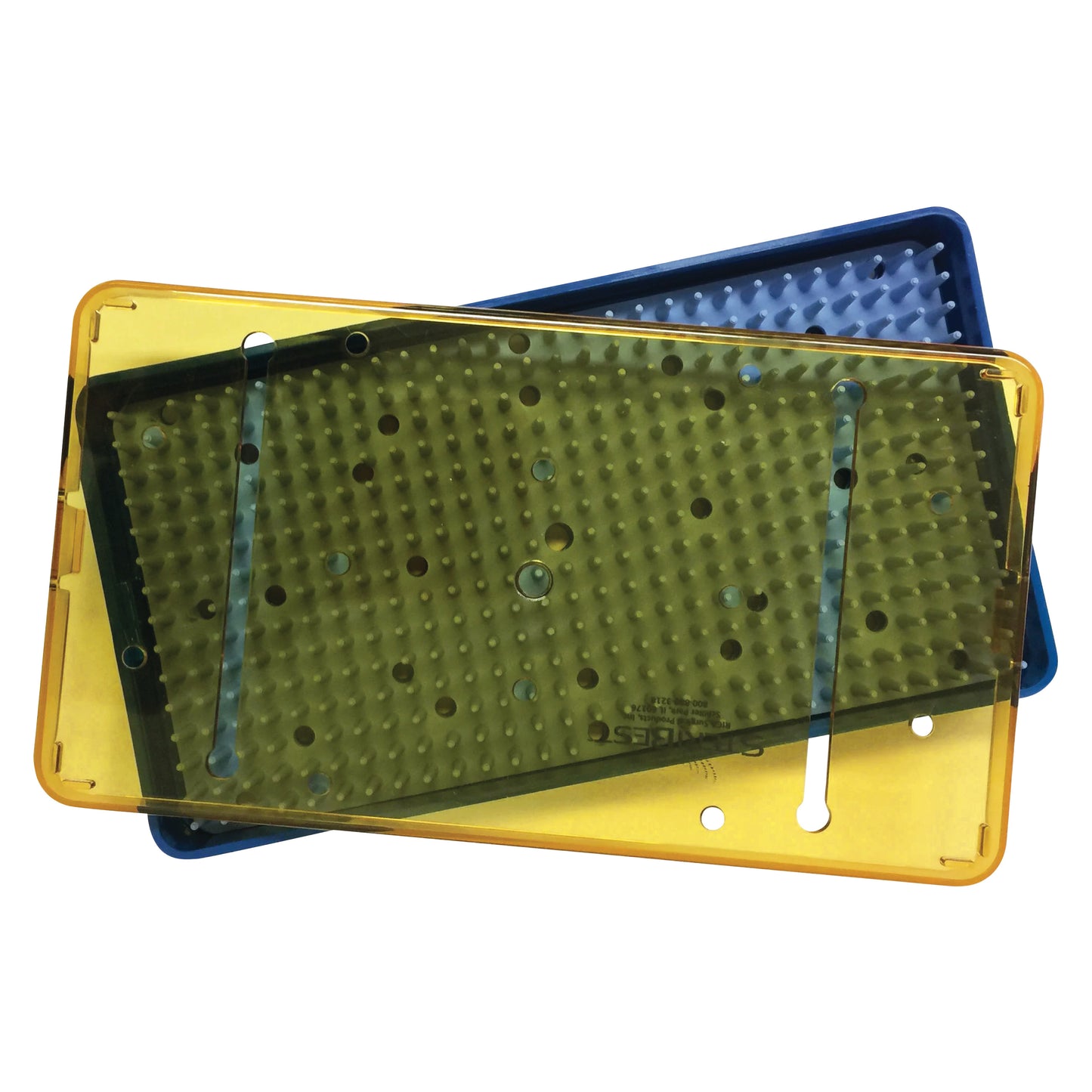 Two PST Plastic Instrument Sterilization Trays, one blue and one with a transparent yellow lid, stacked diagonally.