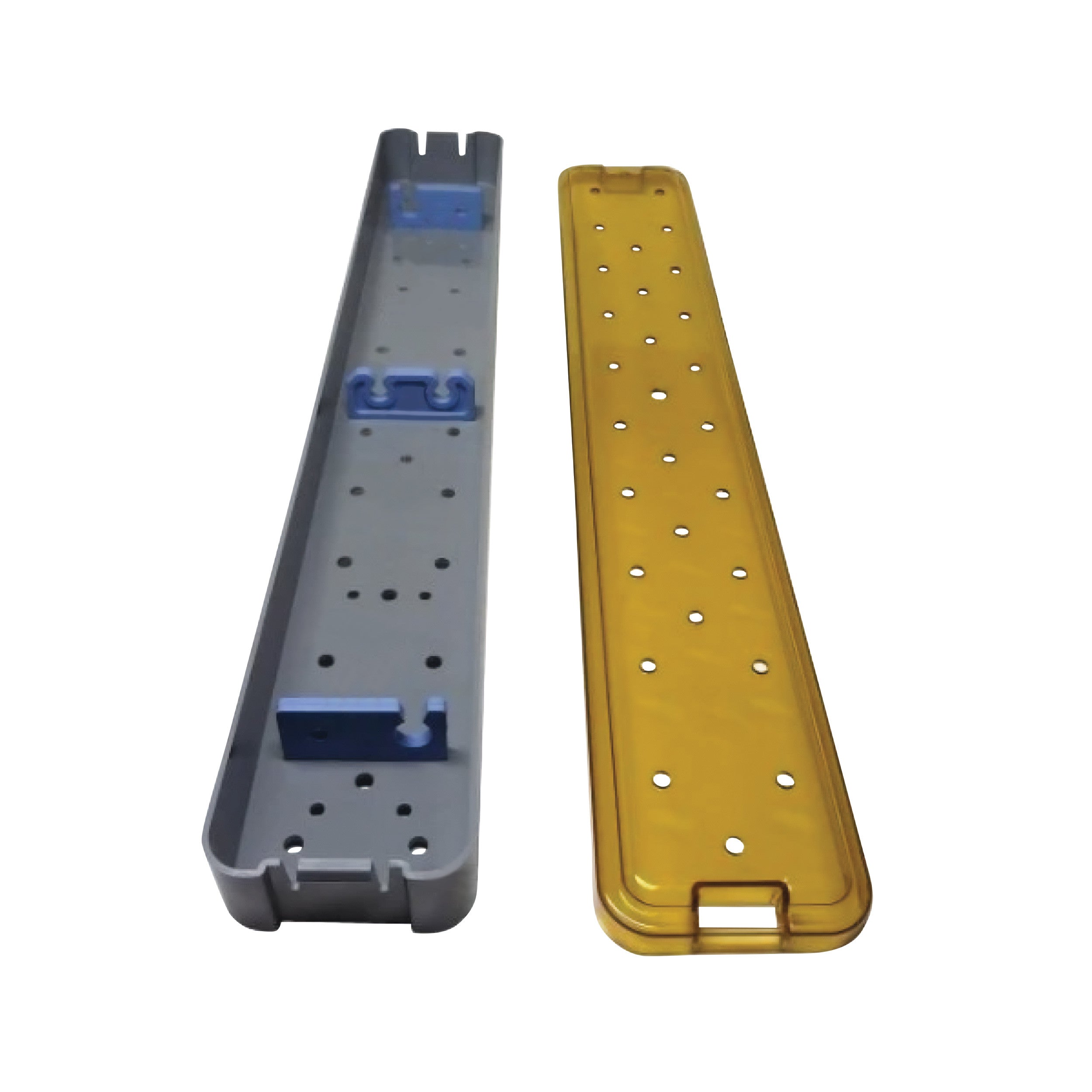 A PST Scope Sterilization Tray with a gray base and a translucent yellow lid, both featuring perforations and blue support structures.