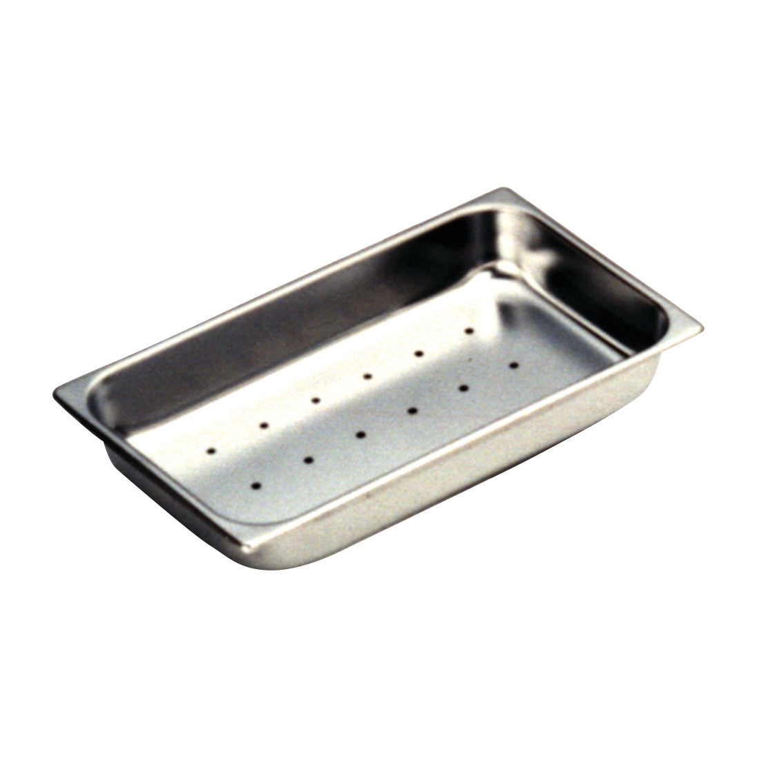 A Polar Ware Perforated Instrument Tray made of stainless steel with small holes in the base, used for medical instruments.