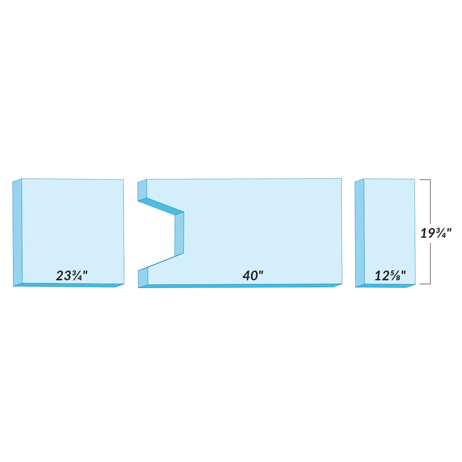 Three blue foam pieces with dimensions for the AliMed Support Surface for Skytron 3501B Surgical Tables, including angled cutouts.