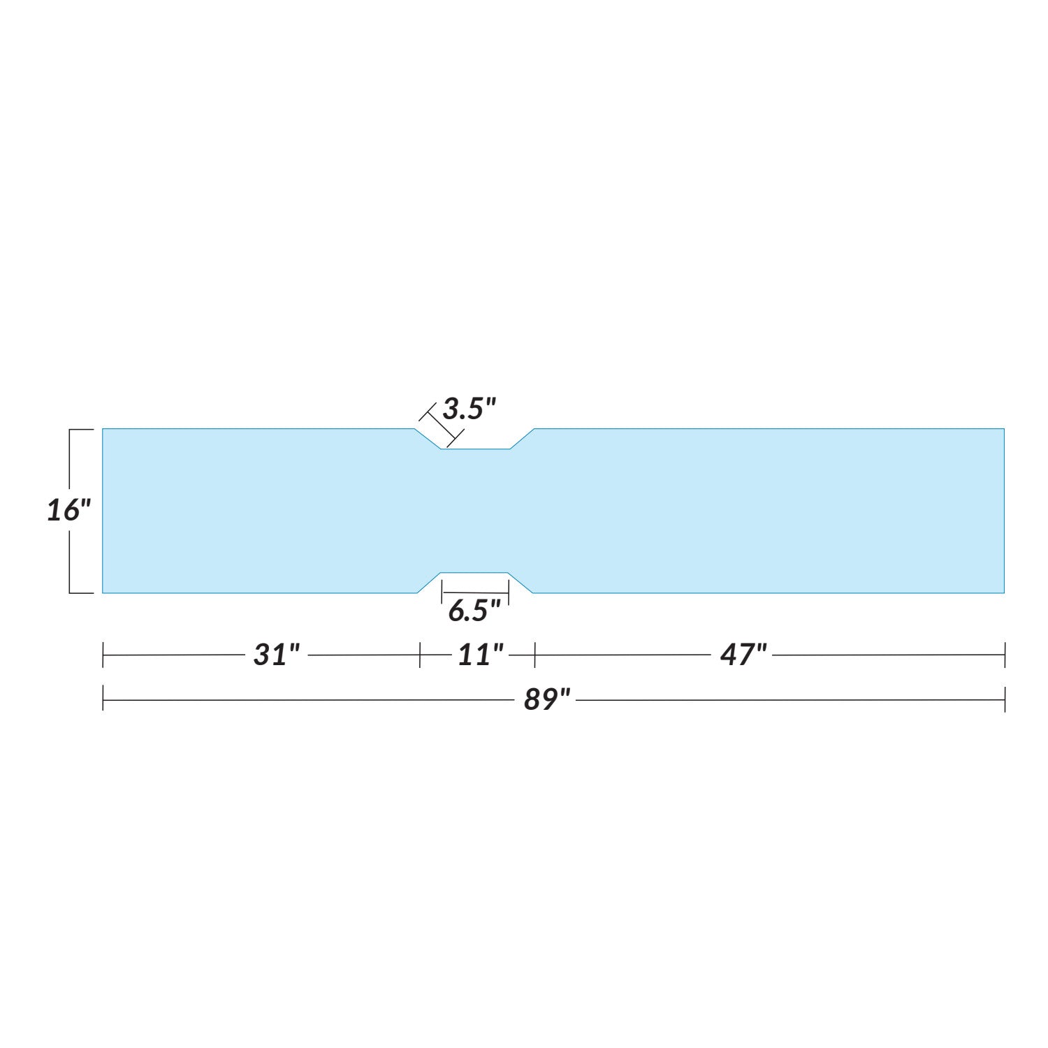 Diagram showing the AliMed Picker CT Table Pad. It is 89" long and 16" wide, with cutouts measuring 11" wide and 6.5" deep.