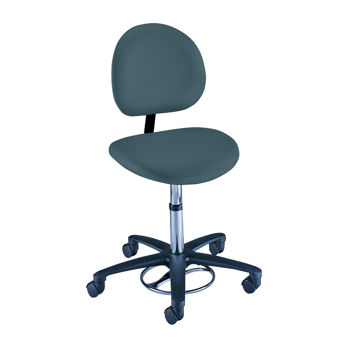 A Brewer Foot-Operated Millennium Series Stool with Backrest, featuring a blue seat, five wheels, and a chrome base with a foot ring.