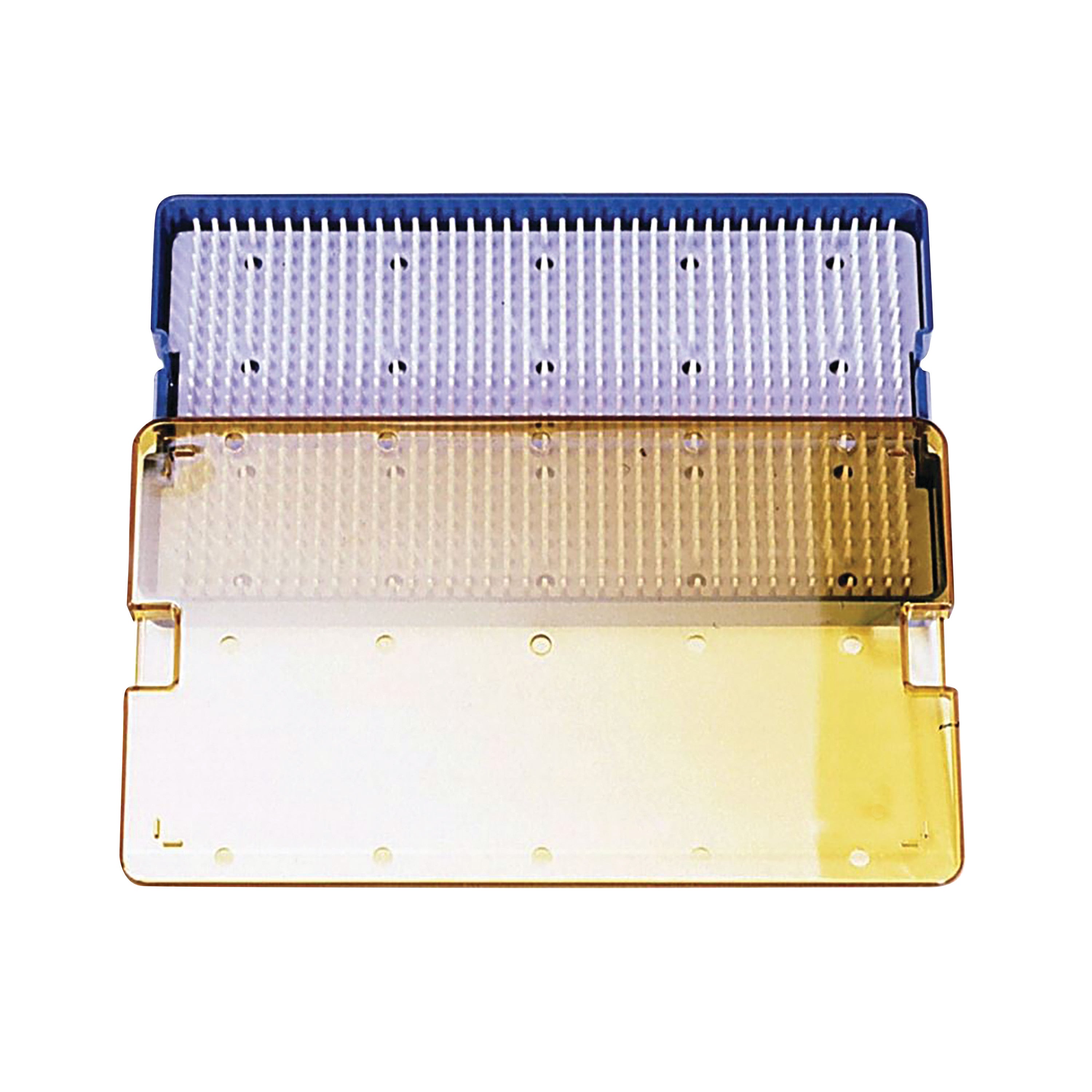 PST Plastic Instrument Sterilization Tray with a transparent yellow lid and a perforated white base on a white background.