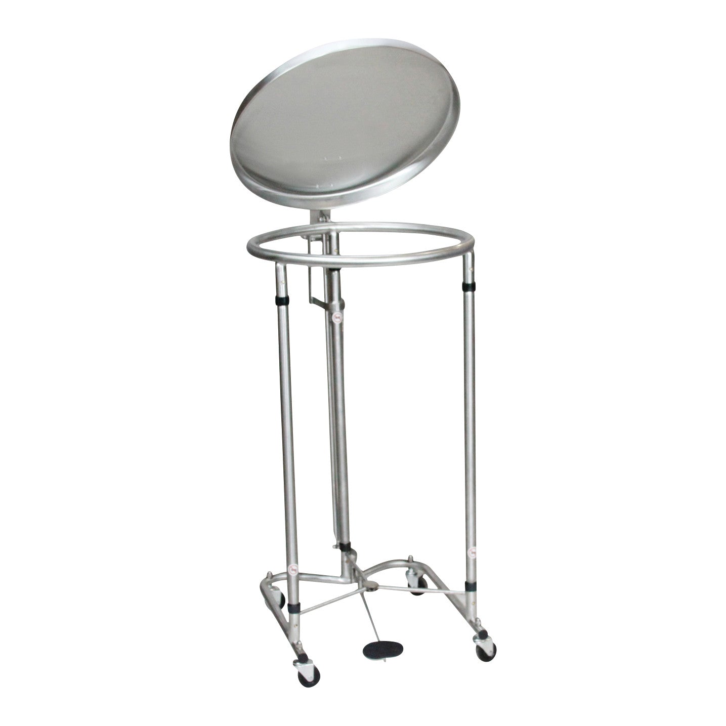 The image displays a Blickman Round Hamper with Lid, featuring a circular stainless steel frame on caster wheels with a pedal-operated lid.