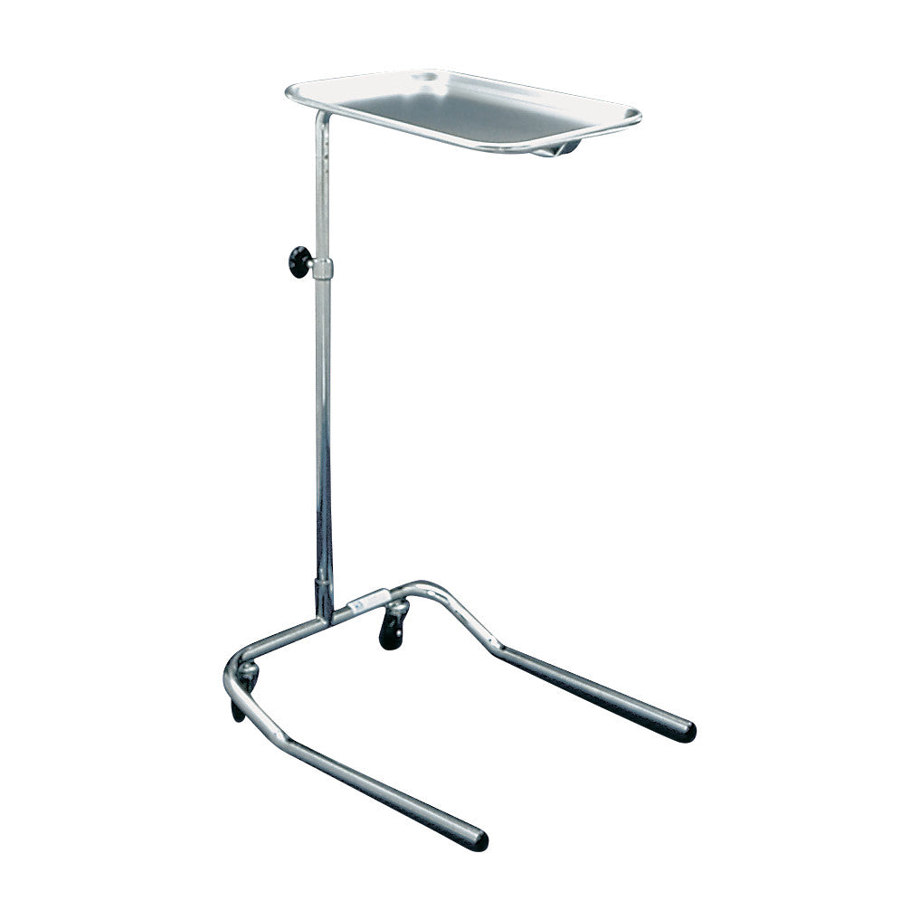 Graham-Field Economy Mayo-Type Instrument Table with an adjustable height, chrome finish, and a flat rectangular tray on wheels.