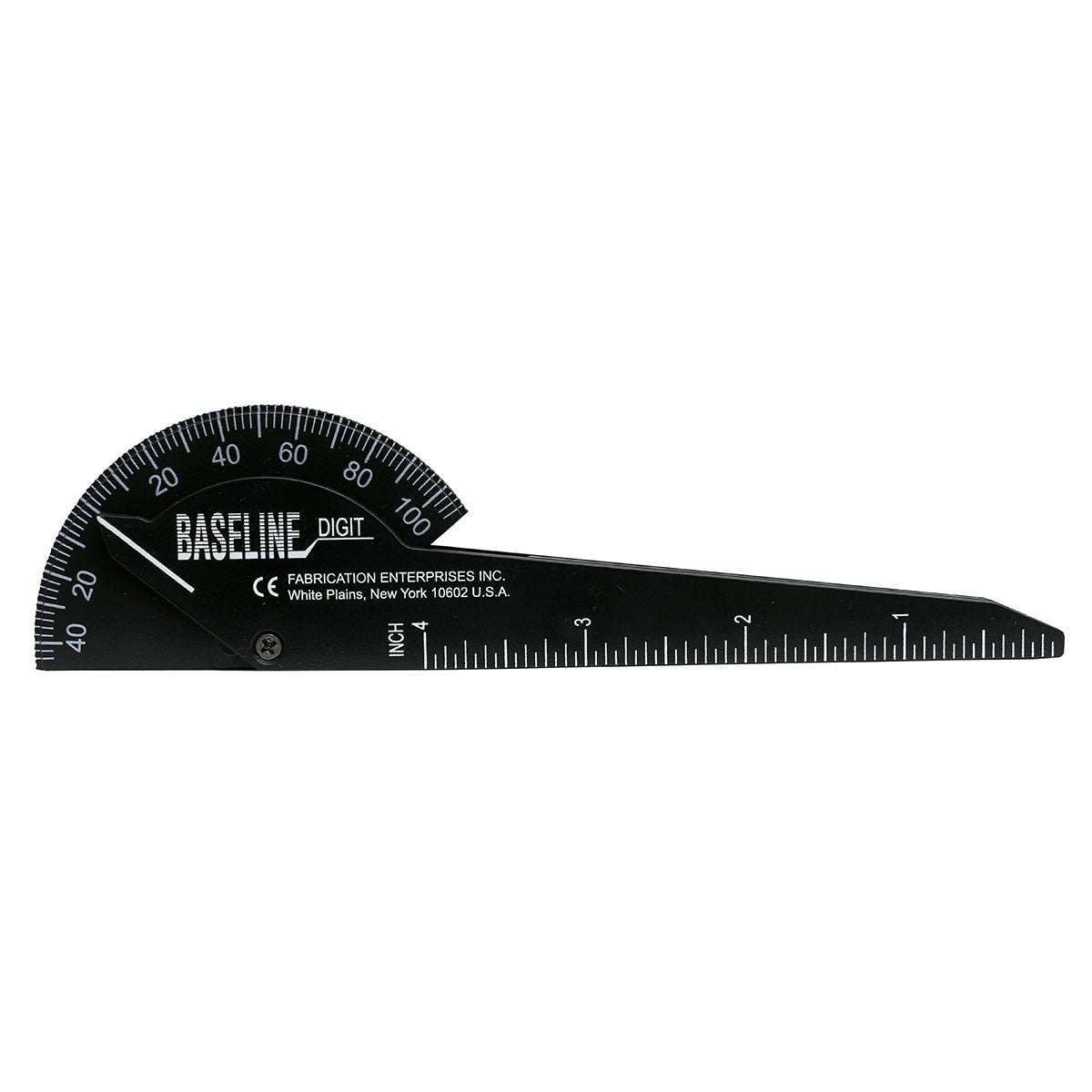 Baseline Digit Goniometer, a black measuring tool with a semicircular protractor scale and a ruler marked in inches.