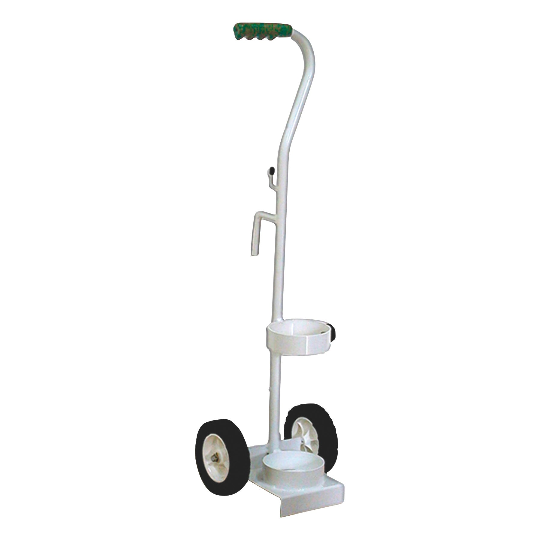 MRI Nonmagnetic Oxygen Cylinder Cart with a white frame, two wheels, and a handle, designed for safely transporting oxygen tanks.