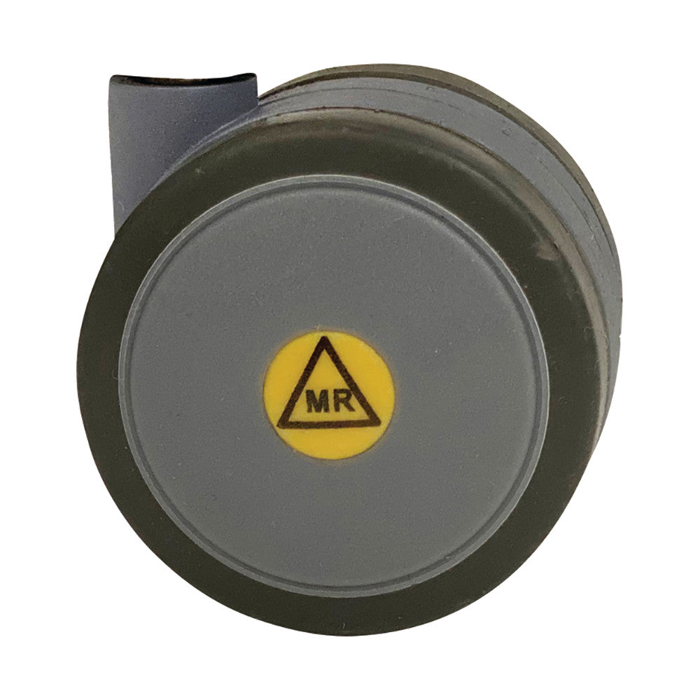 A Blickman MR-Conditional Newark Mayo Stand with a gray circular base and a yellow symbol marked "MR" on top.