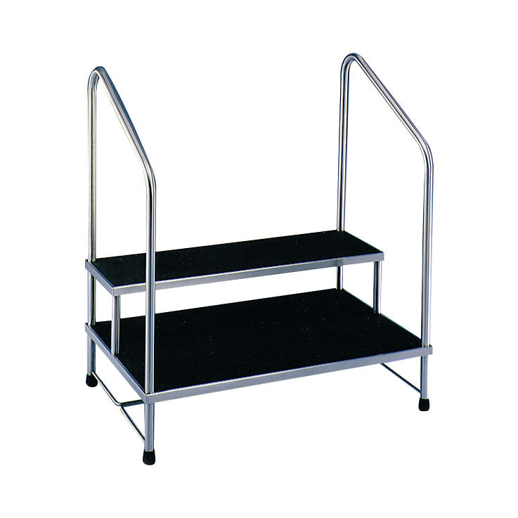 The Blickman MR-Conditional Two-Step Footstool with Side Handrails is a sturdy, dual-step platform with metal rails for support.