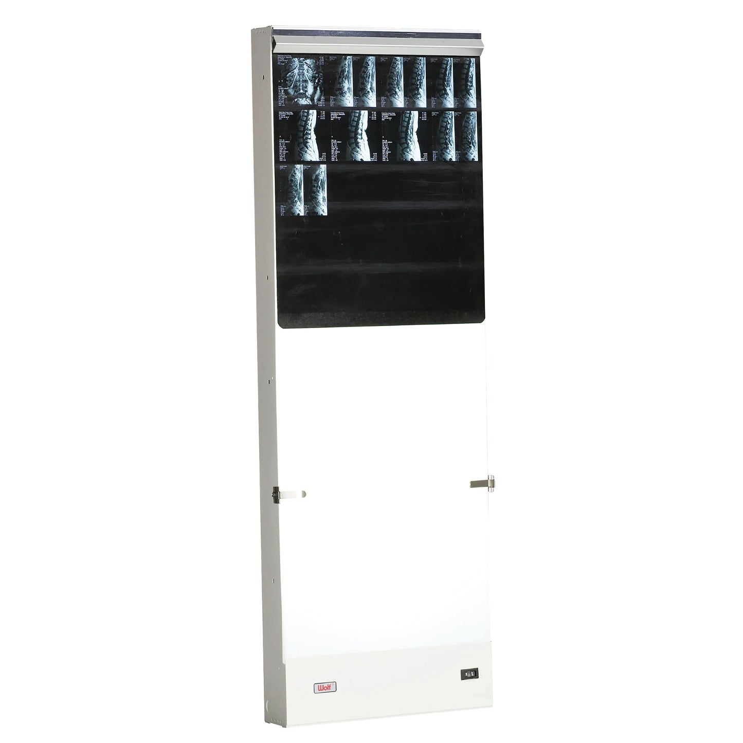 The Wolf Trimline Spinal 36 Illuminator displays multiple spinal X-rays in a vertical lightbox with a white and black frame.