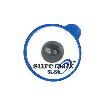 A Suremark Powermark CT Skin Marker with a blue border and a central black dot on a white background, featuring the Suremark logo.