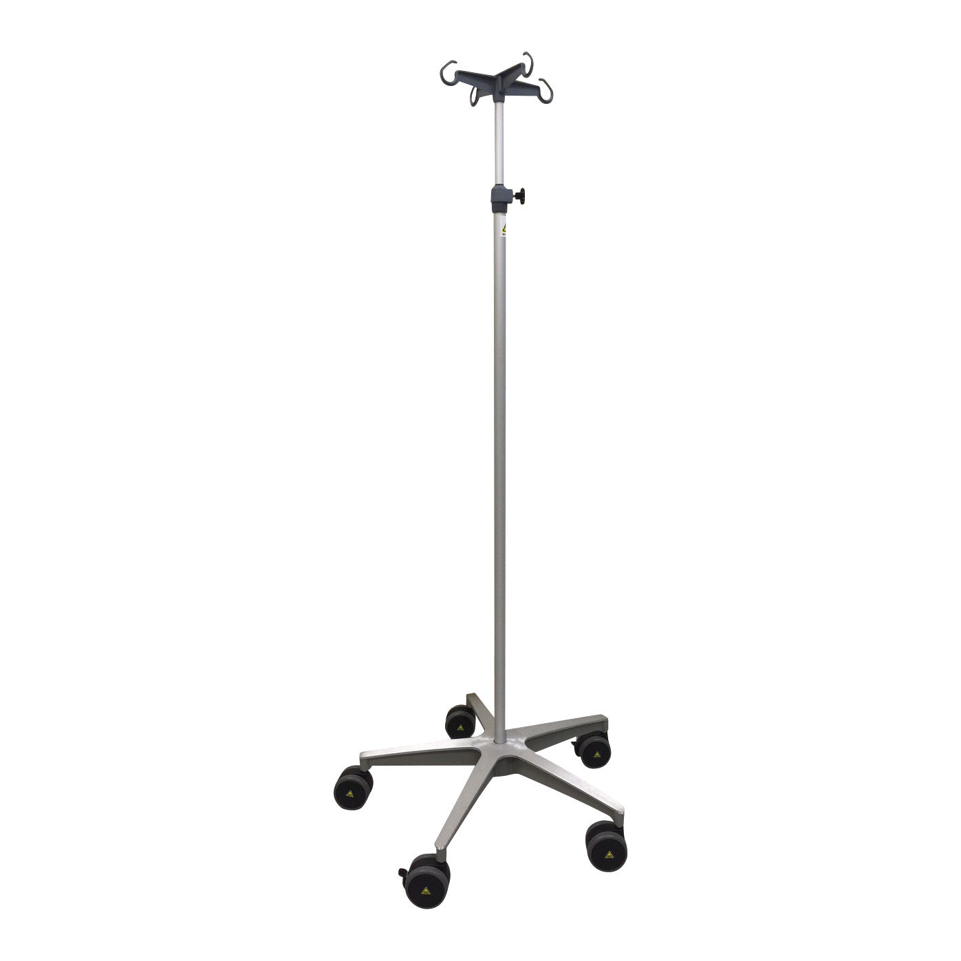 A silver MR-Conditional IV Pole with four hooks and a five-wheel base for medical use.
