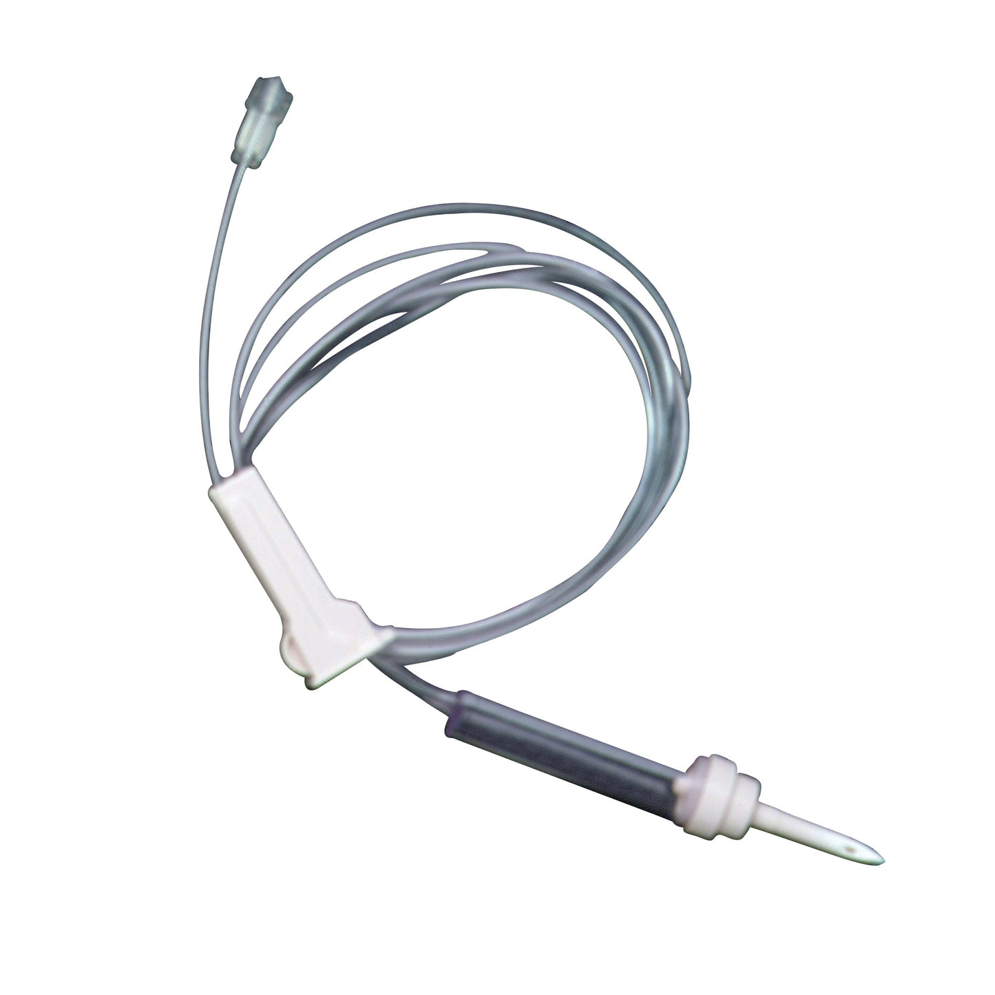 DeRoyal Fluid Administration Set with a flexible tube, spike for insertion, and connector, used for intravenous fluid delivery.